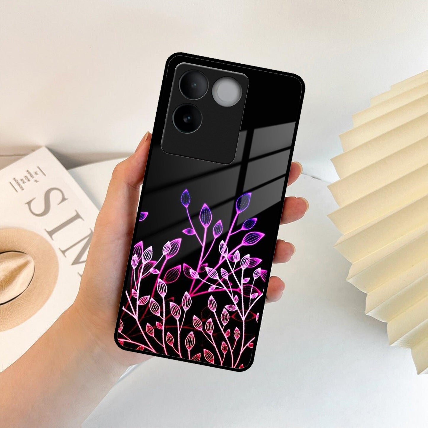 Multicolor Flower Print Glass Case Cover For iQOO