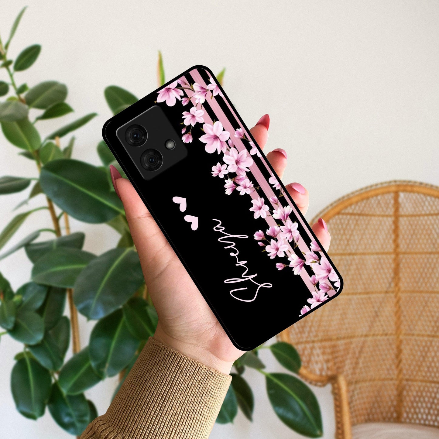 Pink Floral Glossy Metal Case Cover For Motorola