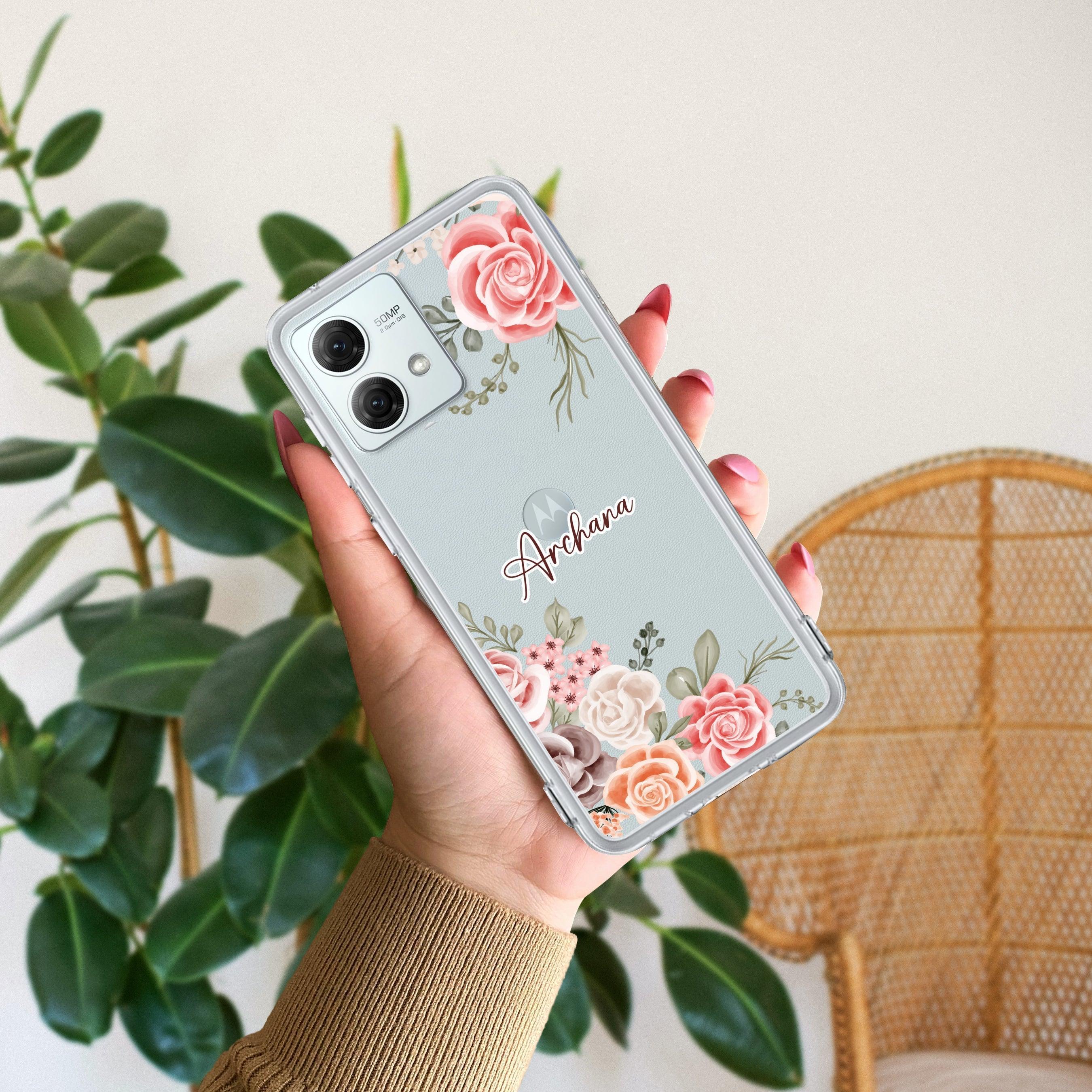 Pink Floral Transparent Silicon Case For Motorola G85 5G