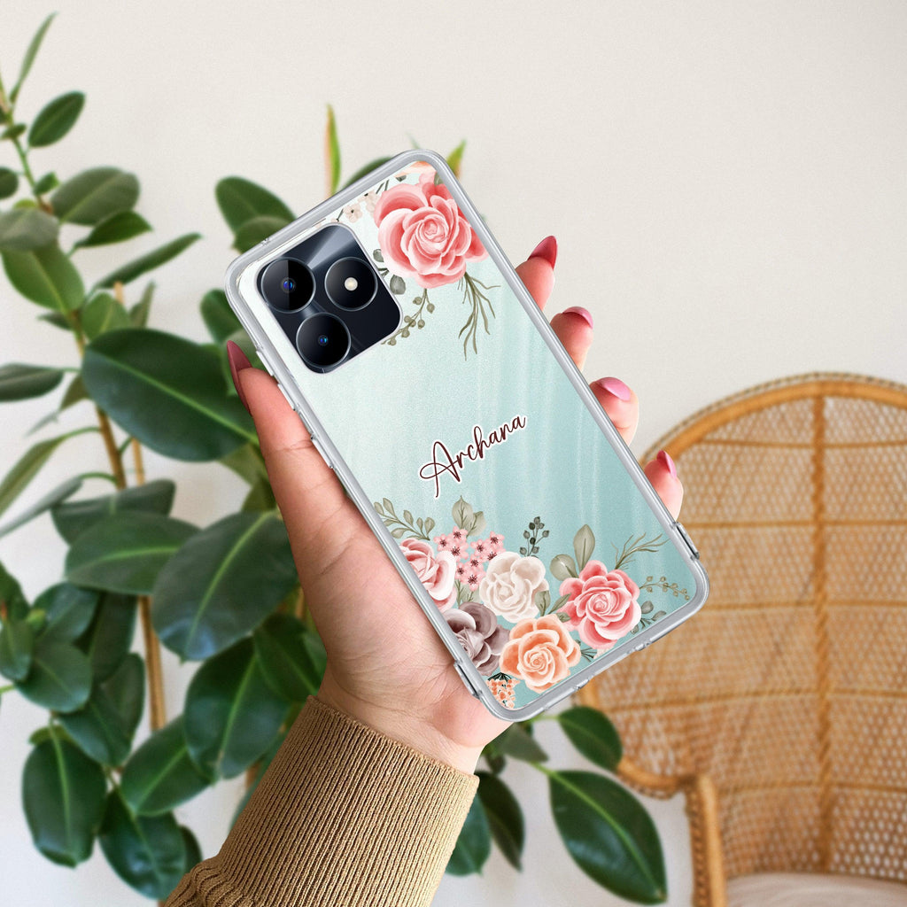 Pink Floral Transparent Silicon Case For Realme C55