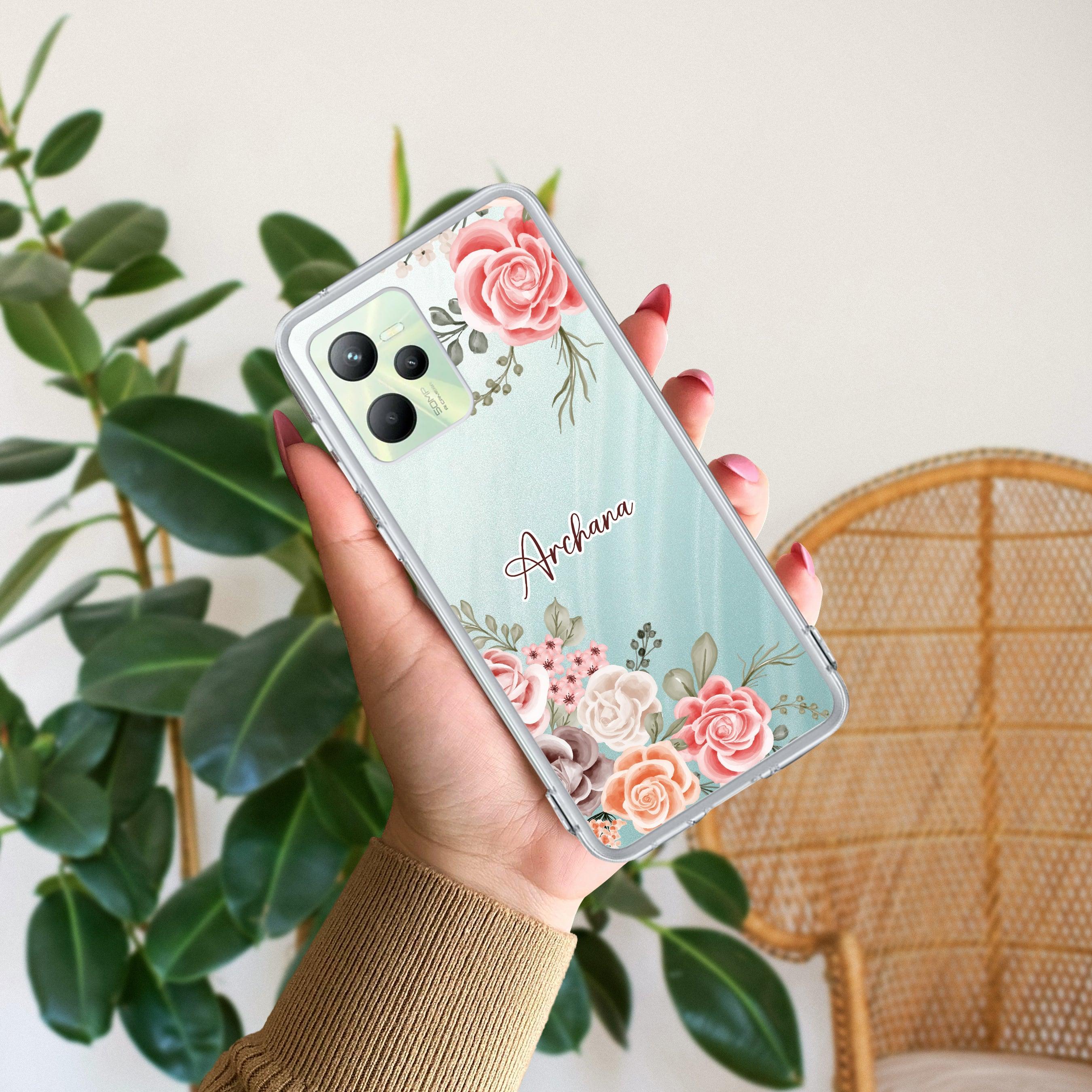 Pink Floral Anti Yelllow Case For Realme C35 / Realme Narzo 50A Prime