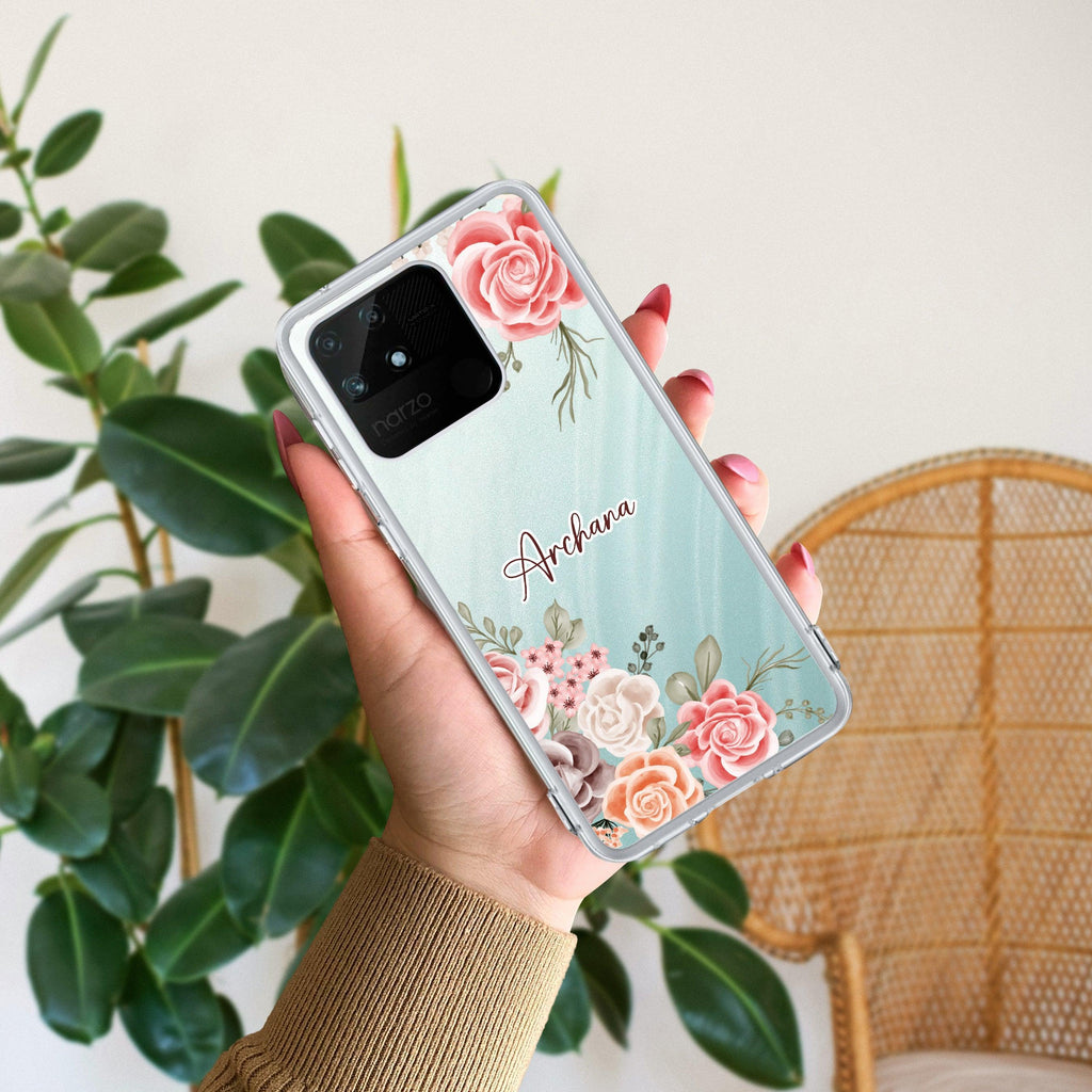 Pink Floral Transparent Silicon Case For Realme Narzo 30A / Realme C12 / Realme Narzo 20