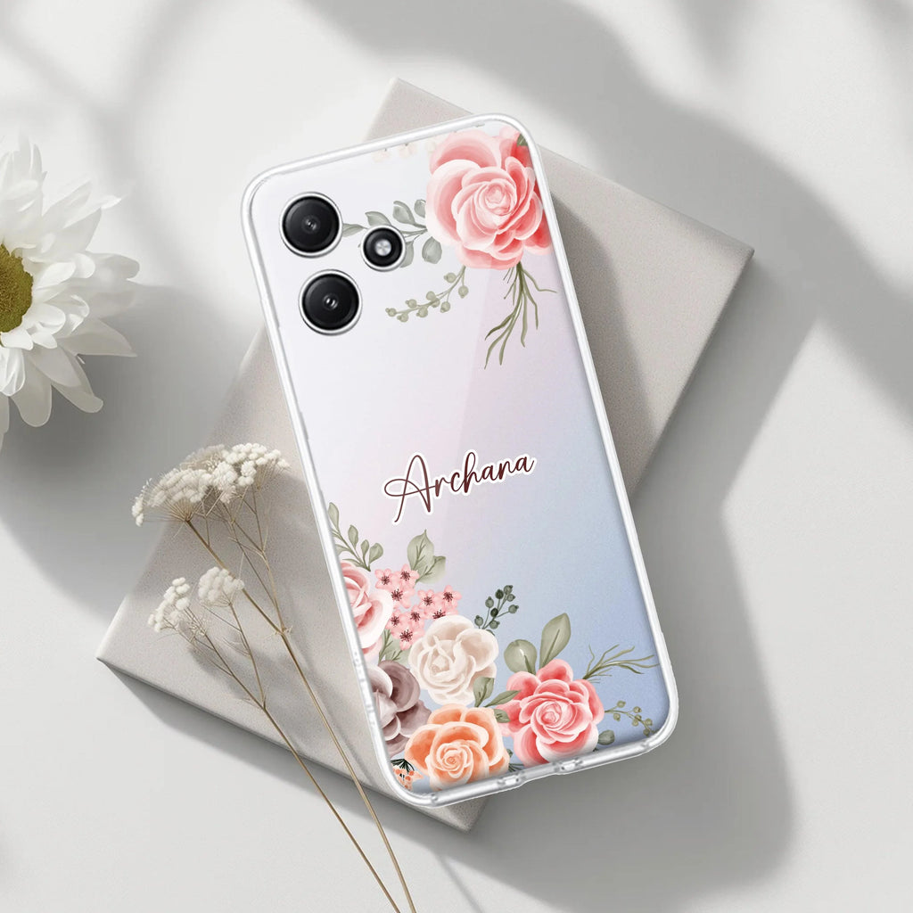 Pink Floral Transparent Silicon Case For Redmi Note 13 Pro 5G