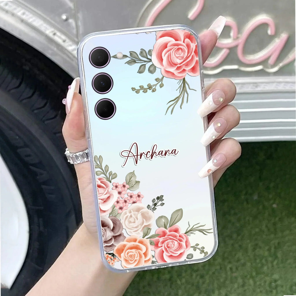 Pink Floral Transparent Silicon Case For Samsung Galaxy F62