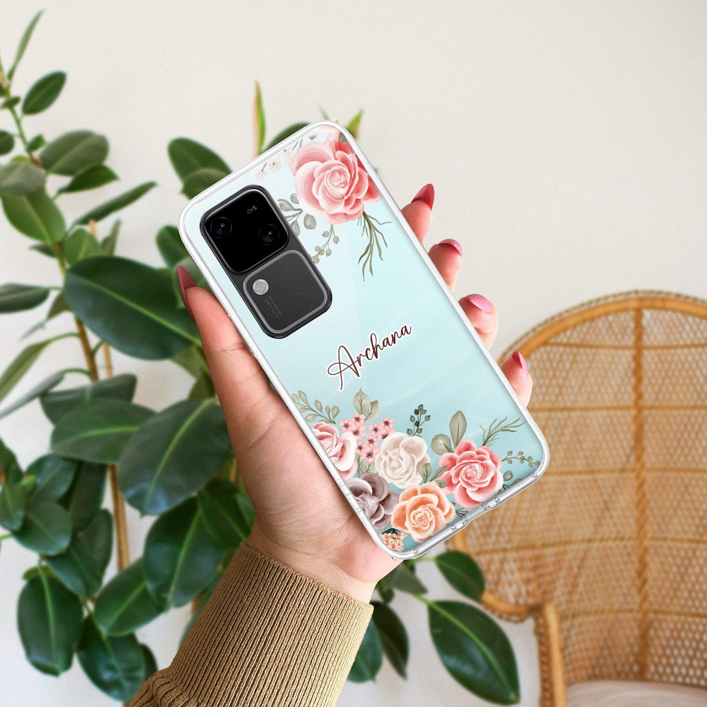 Pink Floral Transparent Silicon Case For Vivo Y21 / Vivo Y21A / Vivo Y21E /Vivo Y21S/ Vivo Y21T