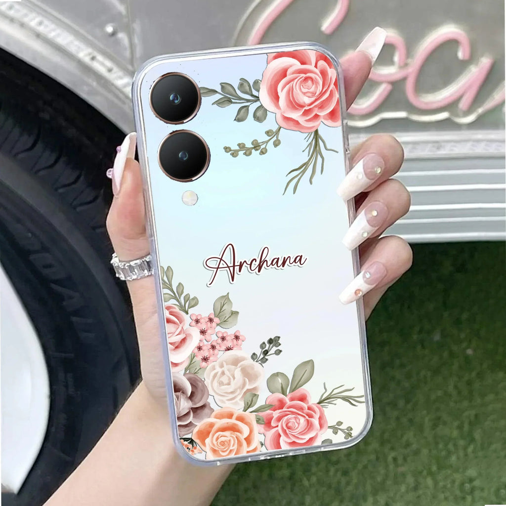 Pink Floral Transparent Silicon Case For Vivo T3 5G