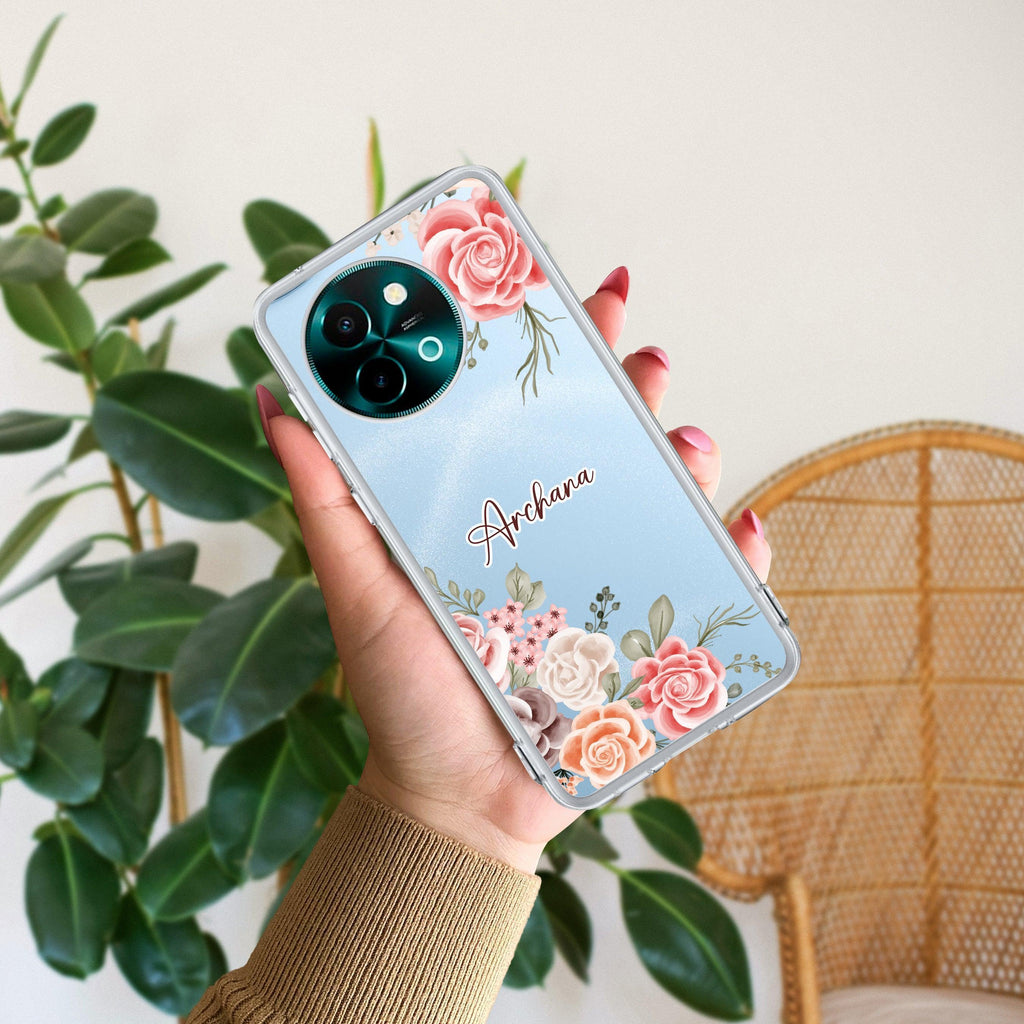 Pink Floral Transparent Silicon Case For Vivo V30 Pro 5G