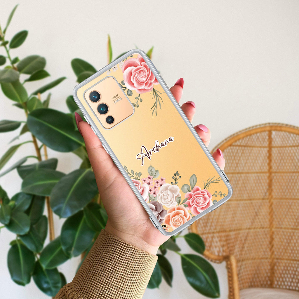 Pink Floral Transparent Silicon Case For Vivo V23E