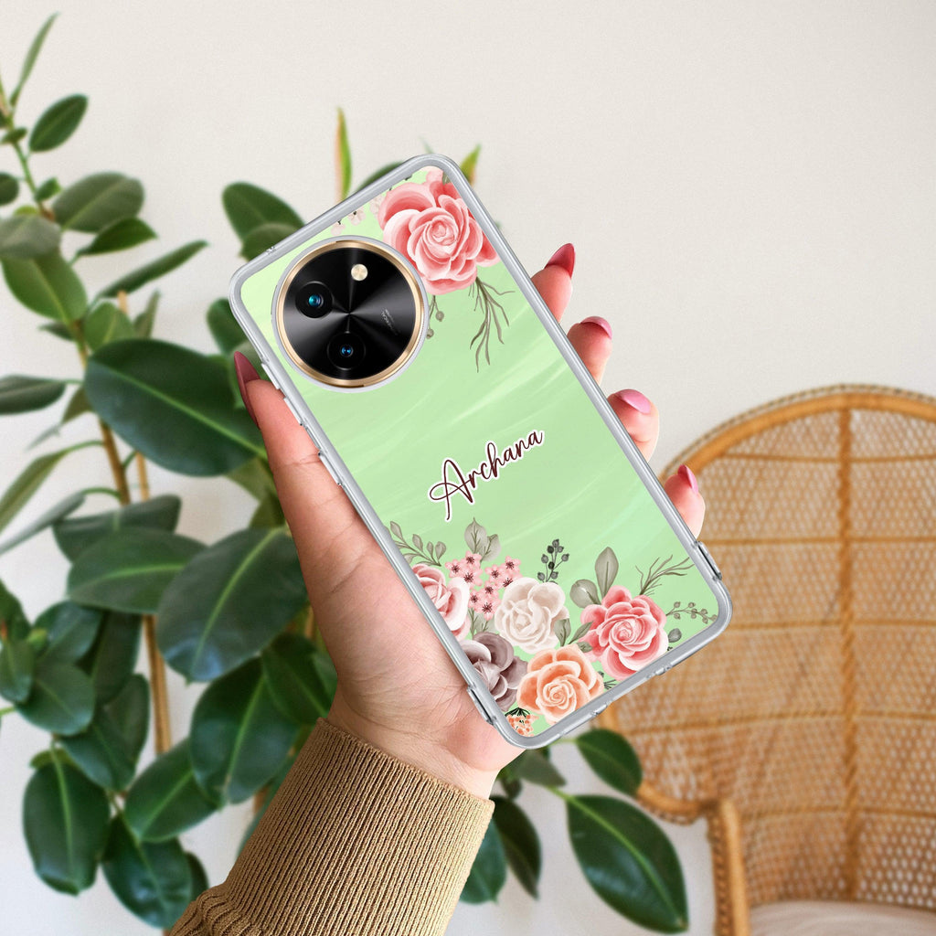 Pink Floral Transparent Silicon Case For Vivo X90 Pro 5G