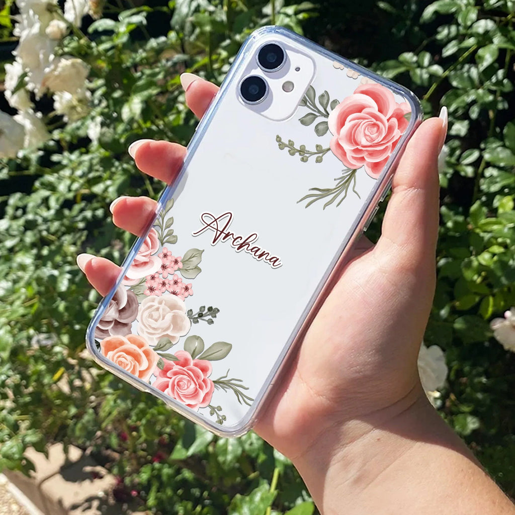 Pink Floral Transparent Silicon Case For iPhone 13 Pro Max