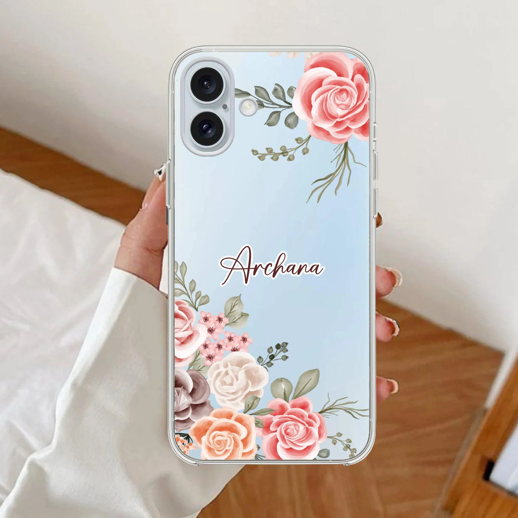 Pink Floral Anti Yellow Clear Case For iPhone 16 Plus