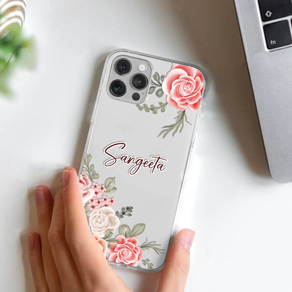 Pink Floral Transparent Silicon Case For iPhone 15 Pro
