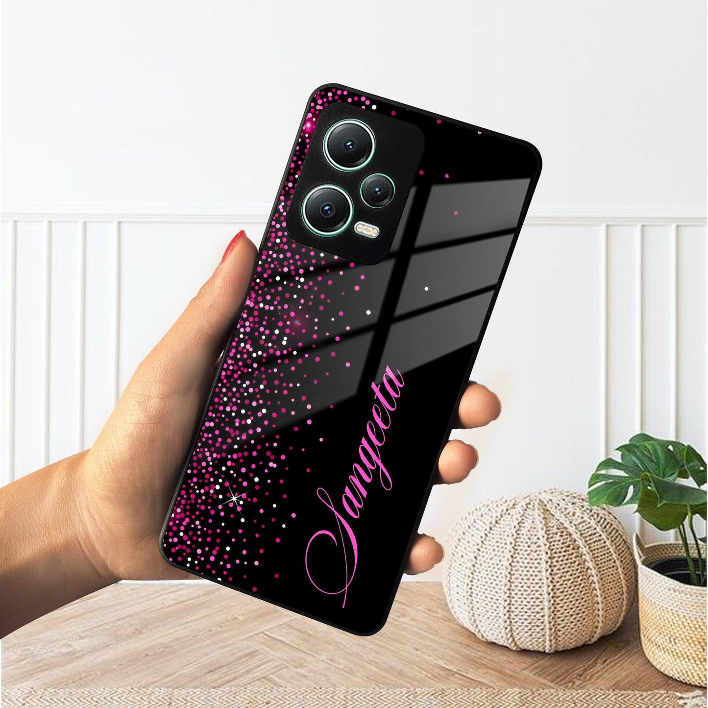 Pink Glitter Customize Glass Case Cover For Poco