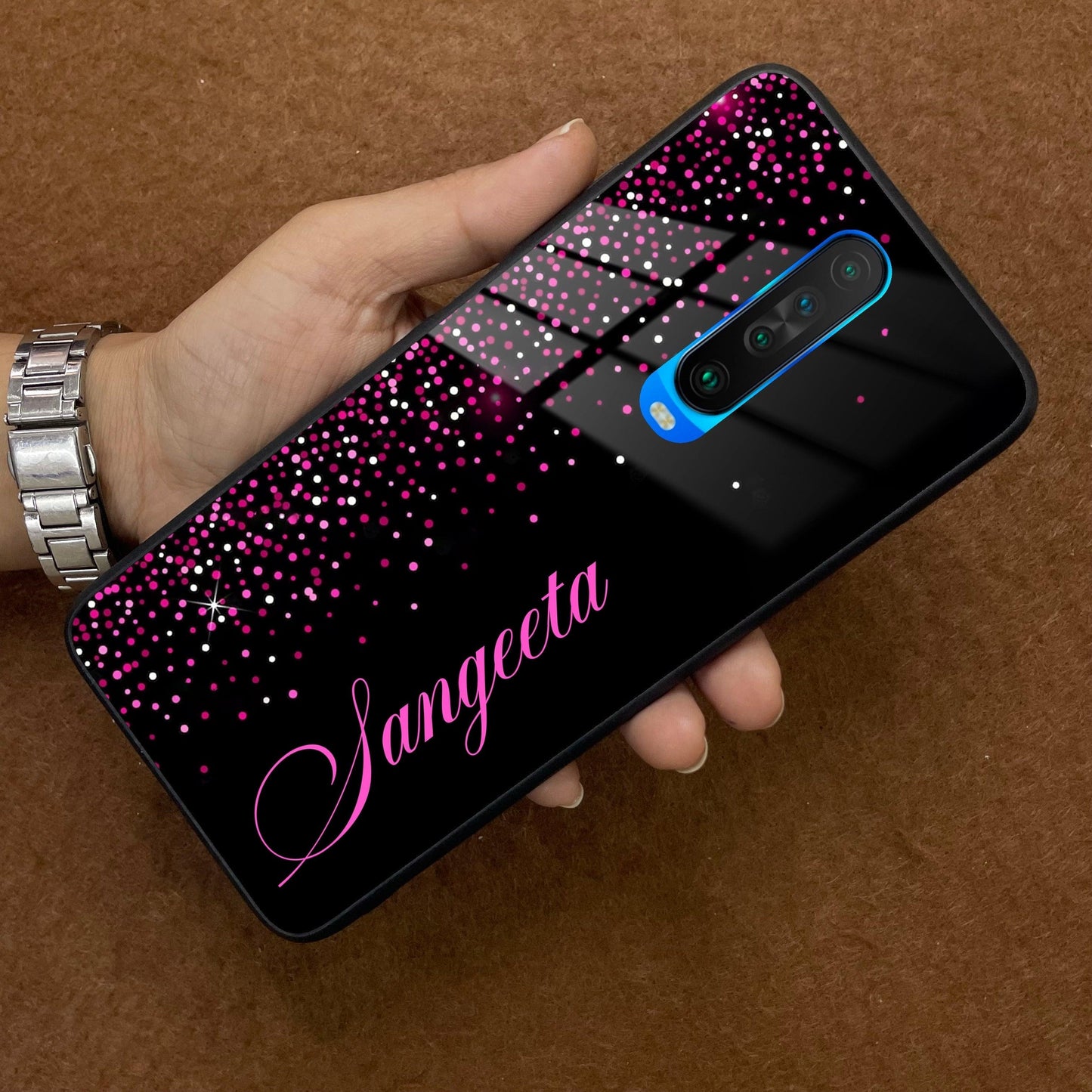 Pink Glitter Customize Glass Case Cover For Poco