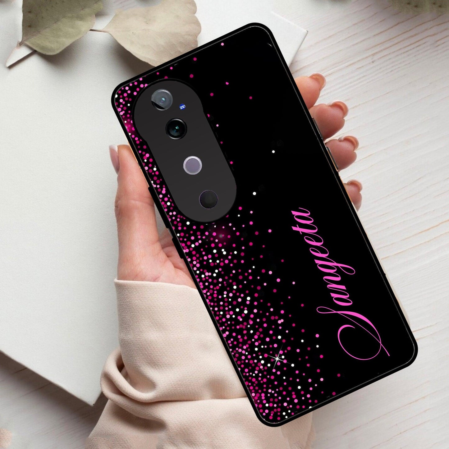 Pink Glitter Customize Glass Case Cover For Vivo