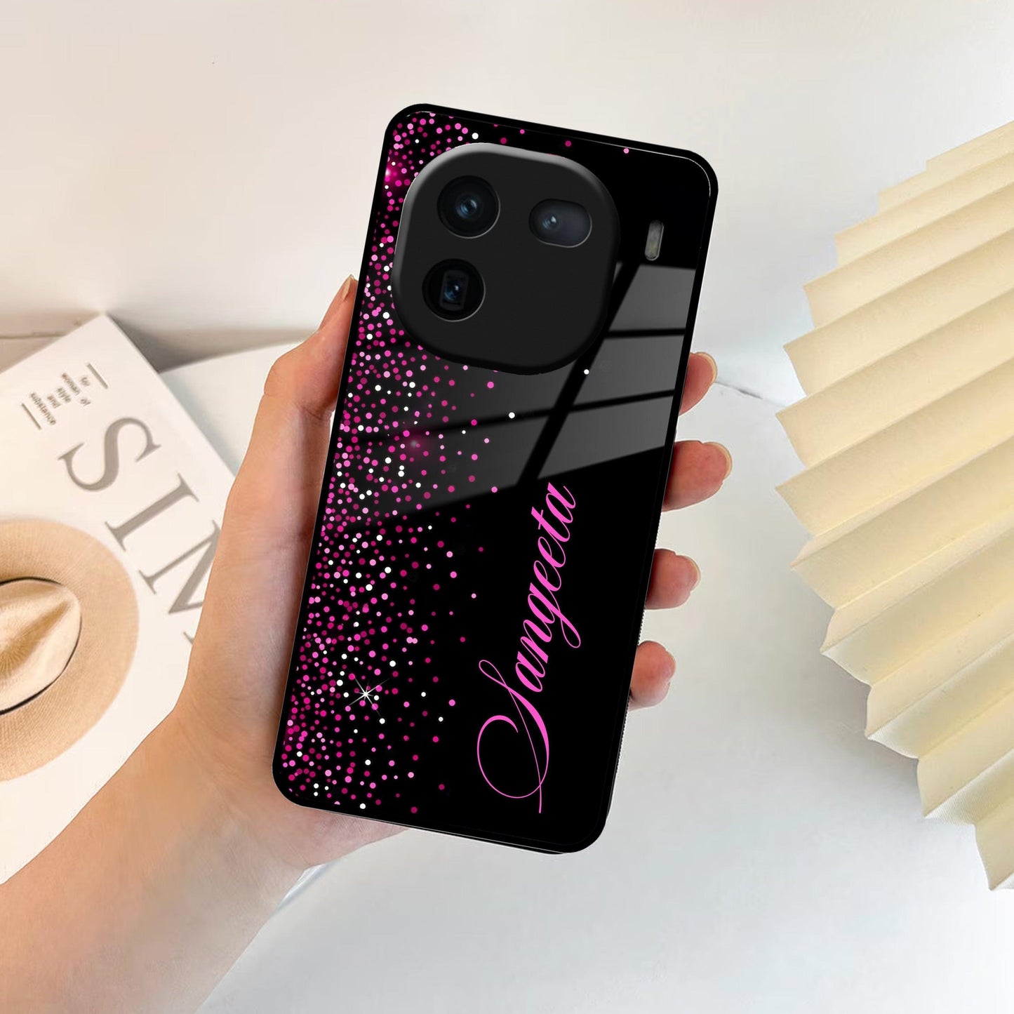 Pink Glitter Customize Glass Case Cover For iQOO