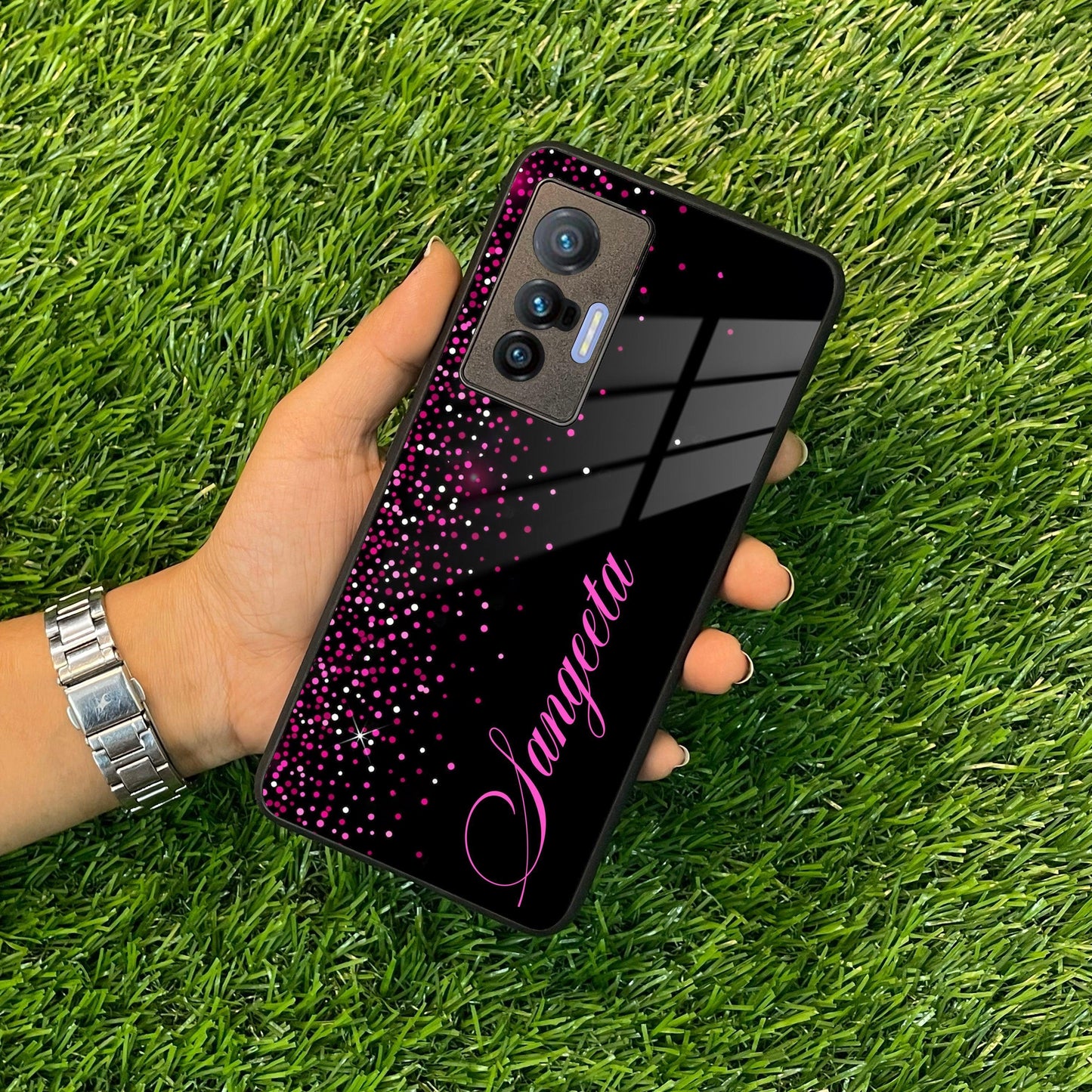 Pink Glitter Customize Glass Case Cover For Vivo