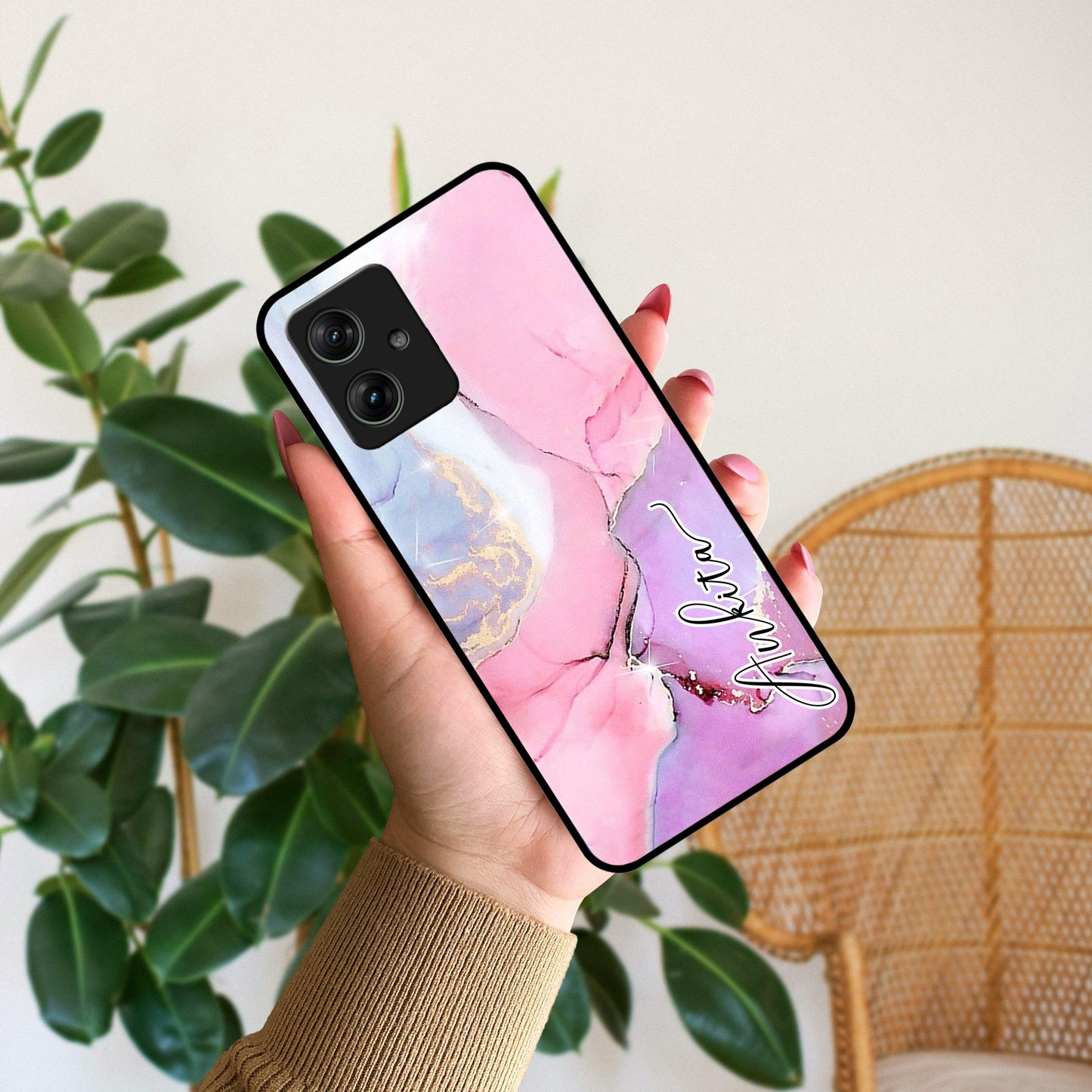 Pink Marble Glossy Metal Case Cover For Motorola