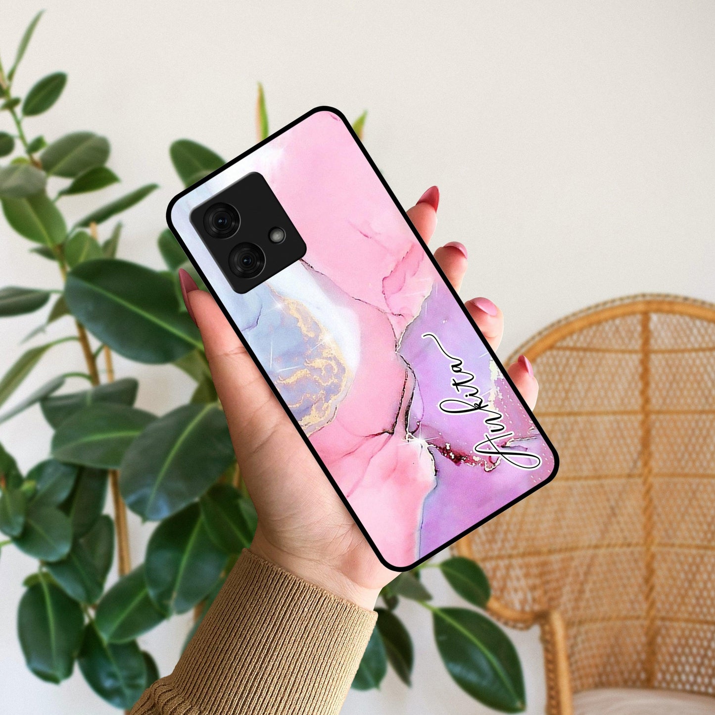 Pink Marble Glossy Metal Case Cover For Motorola