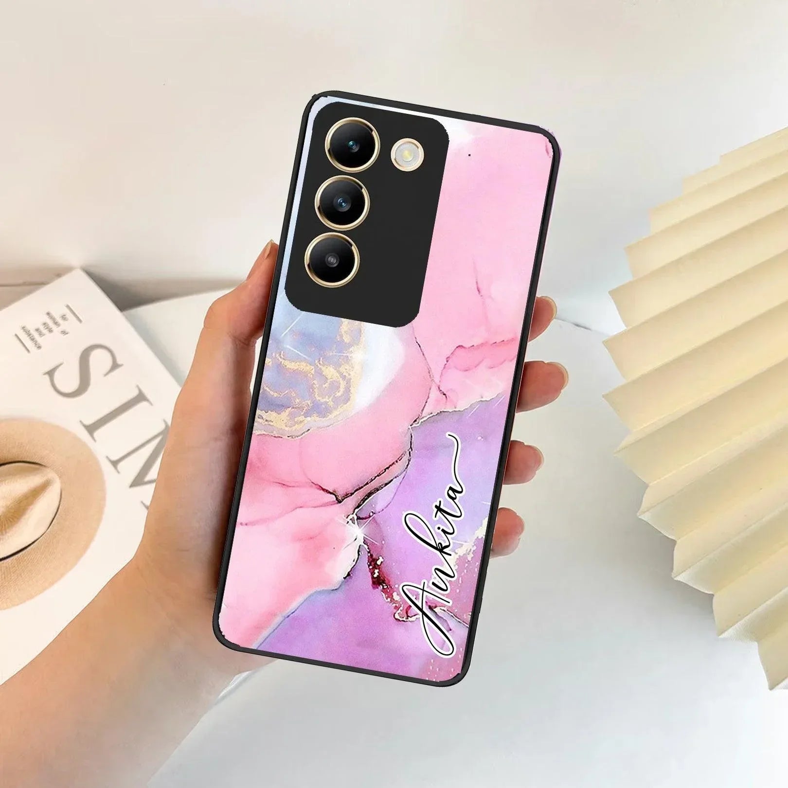 Pink Marble Glossy Metal Case Cover For Vivo - ShopOnCliQ