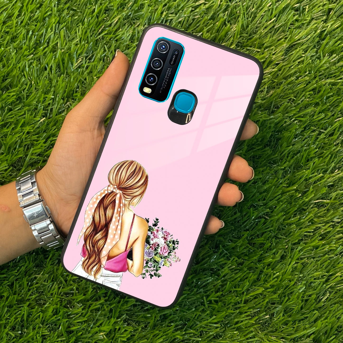 Styles Girl With Flower Glass Case For Vivo