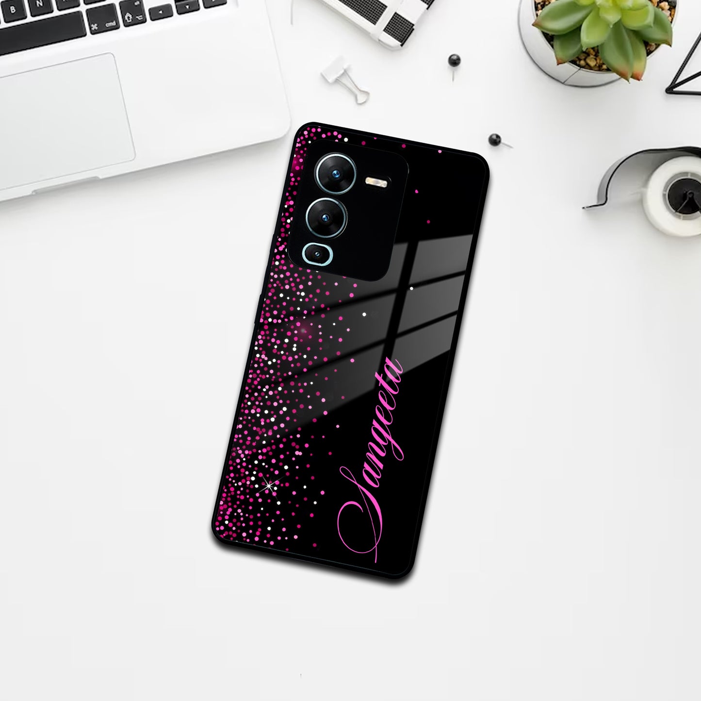 Pink Glitter Customize Glass Case Cover For Vivo