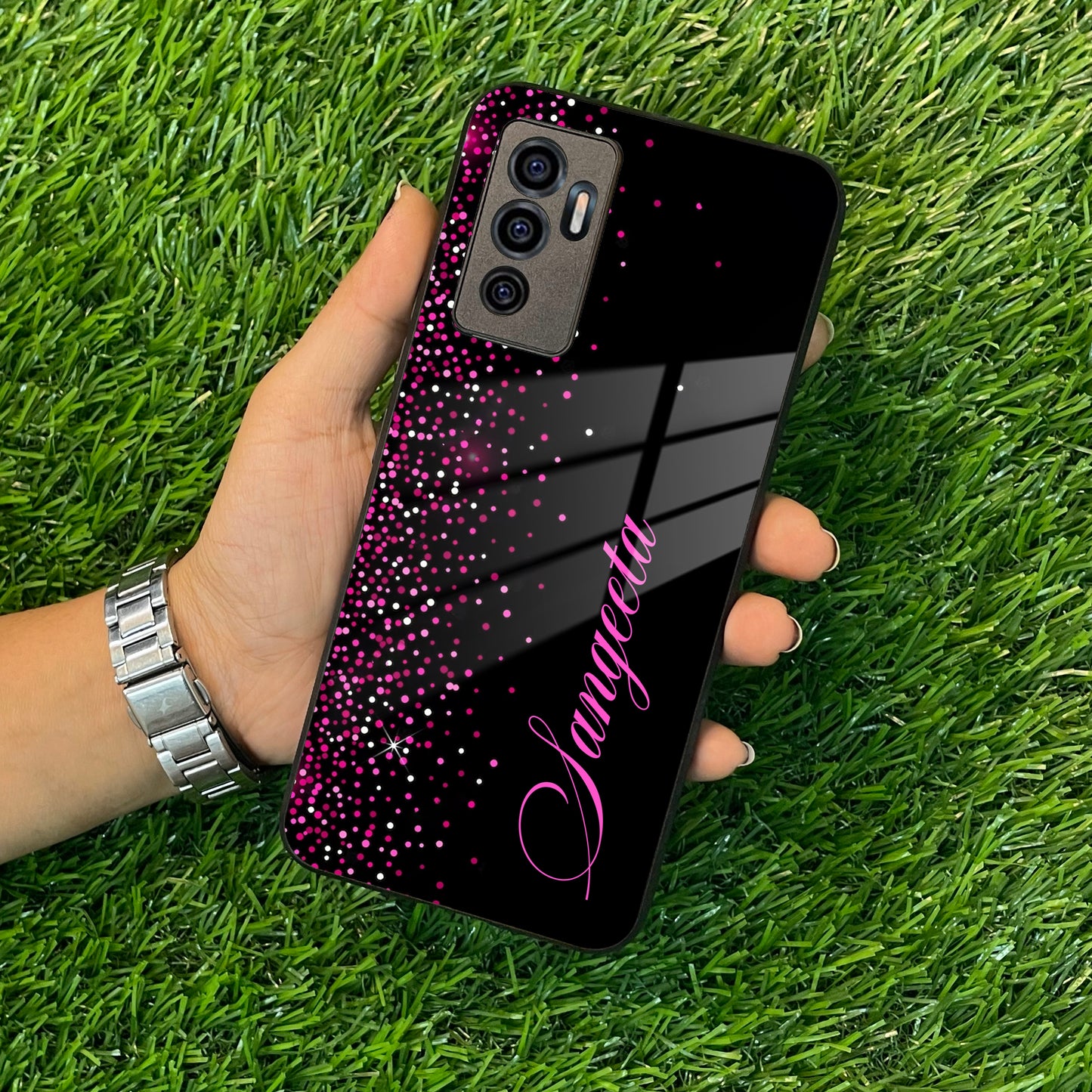 Pink Glitter Customize Glass Case Cover For Vivo
