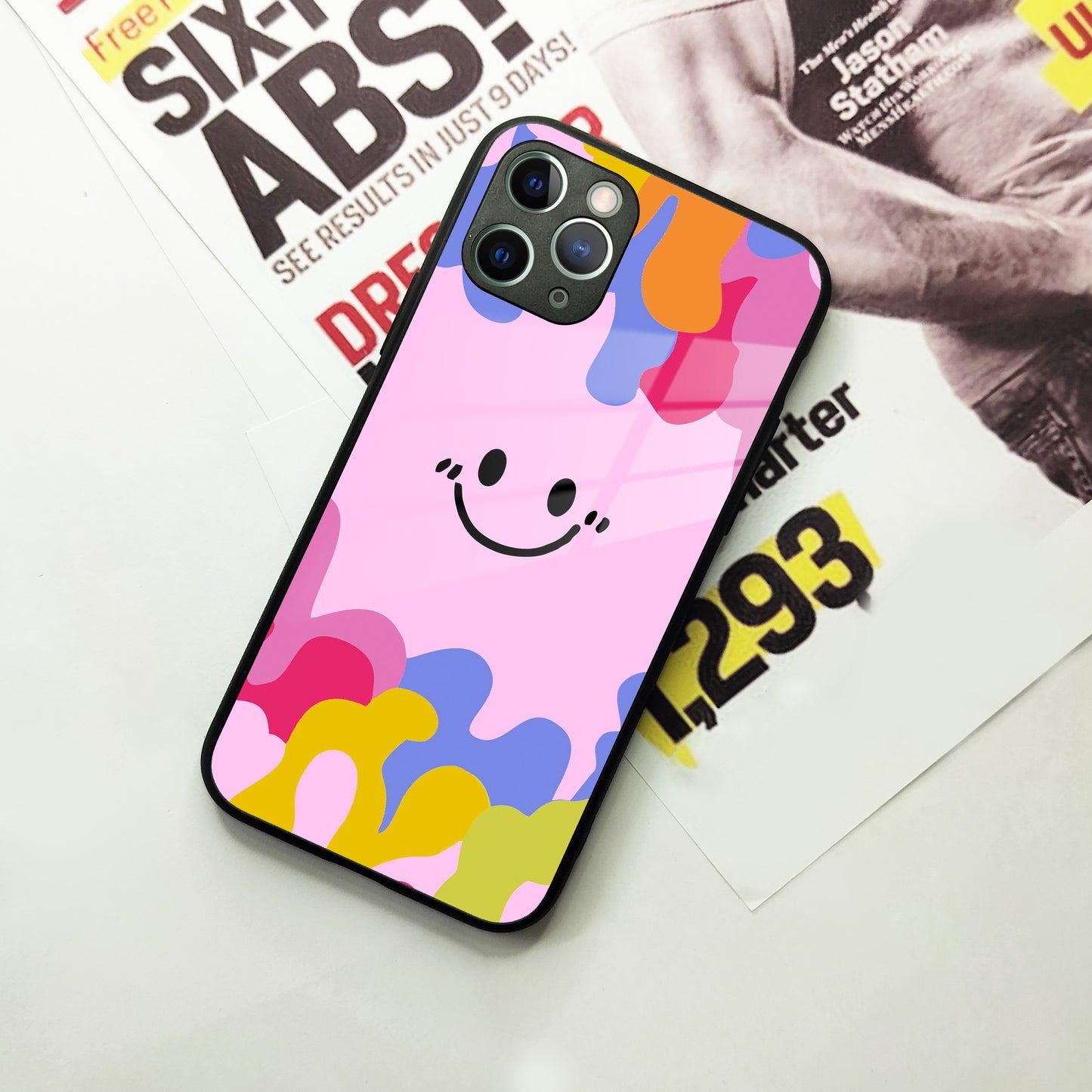 Cute Pink Smiley Multicolor Glass Case For iPhone