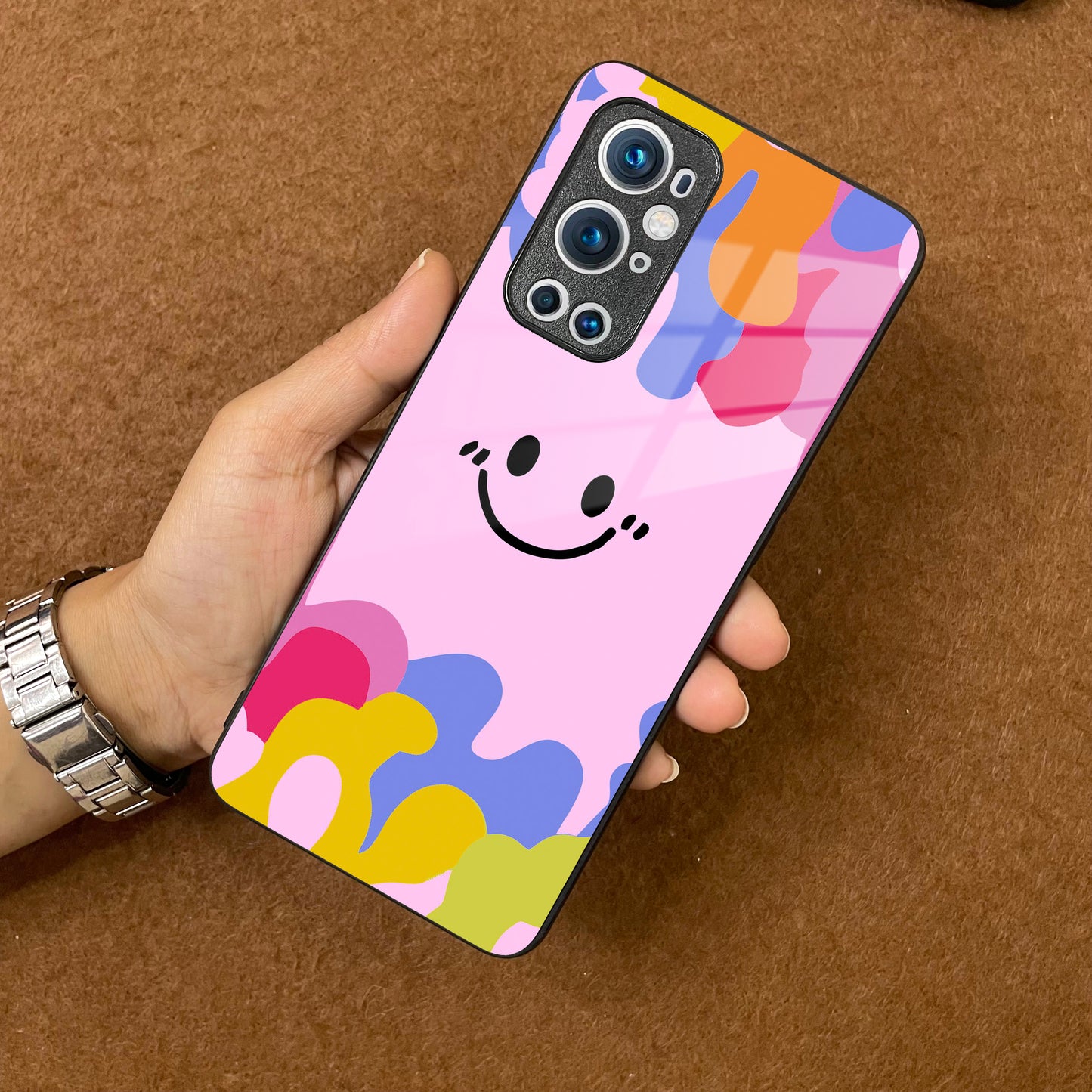 Cute Pink Smiley Multicolor Glass Case For OnePlus