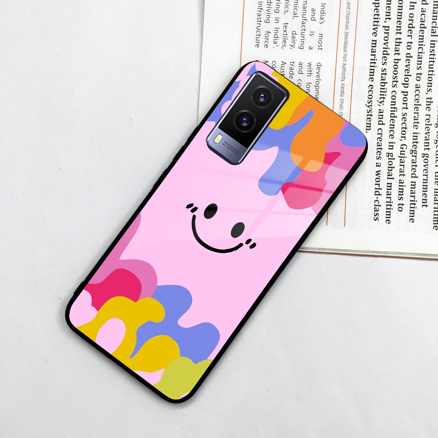Cute Pink Smiley Multicolor Glass Case For Vivo