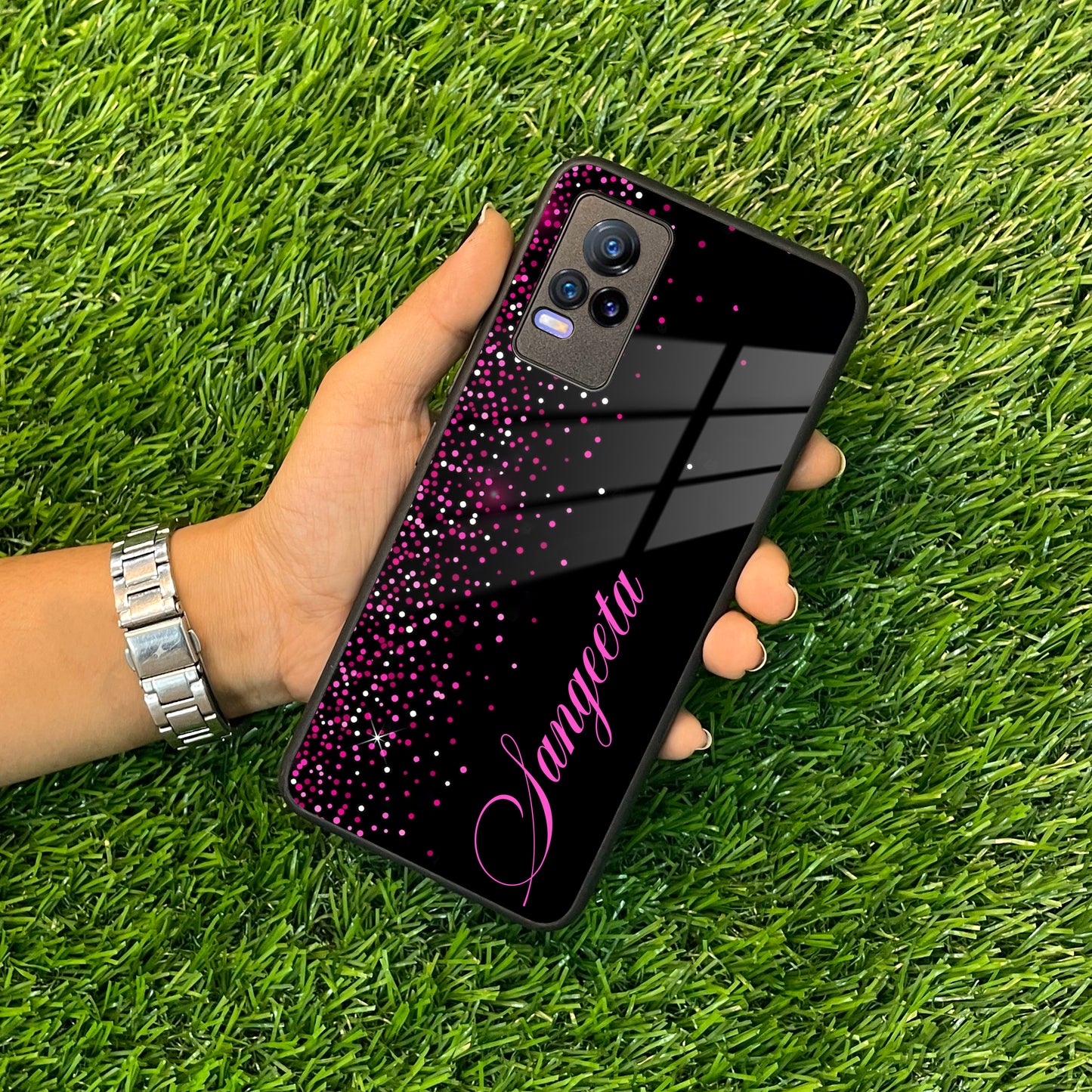 Pink Glitter Customize Glass Case Cover For Vivo