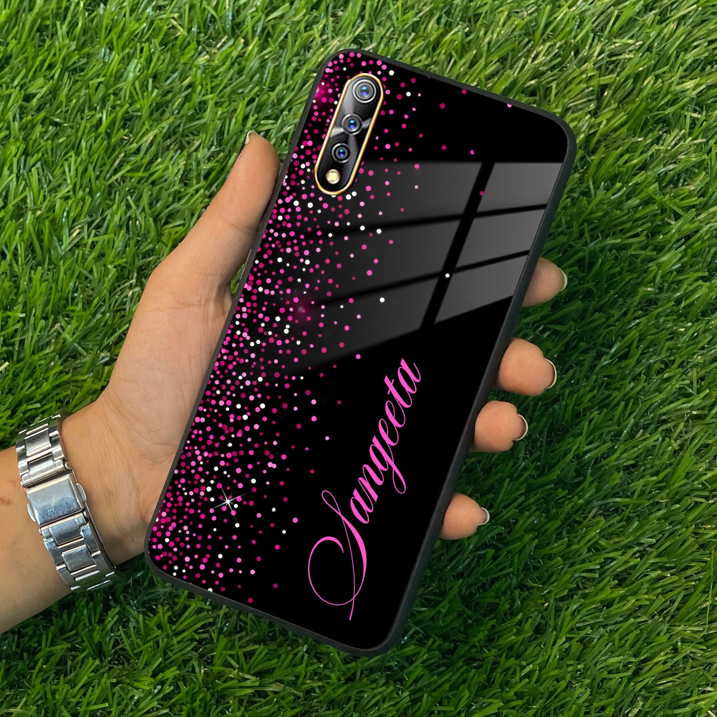 Pink Glitter Customize Glass Case Cover For Vivo