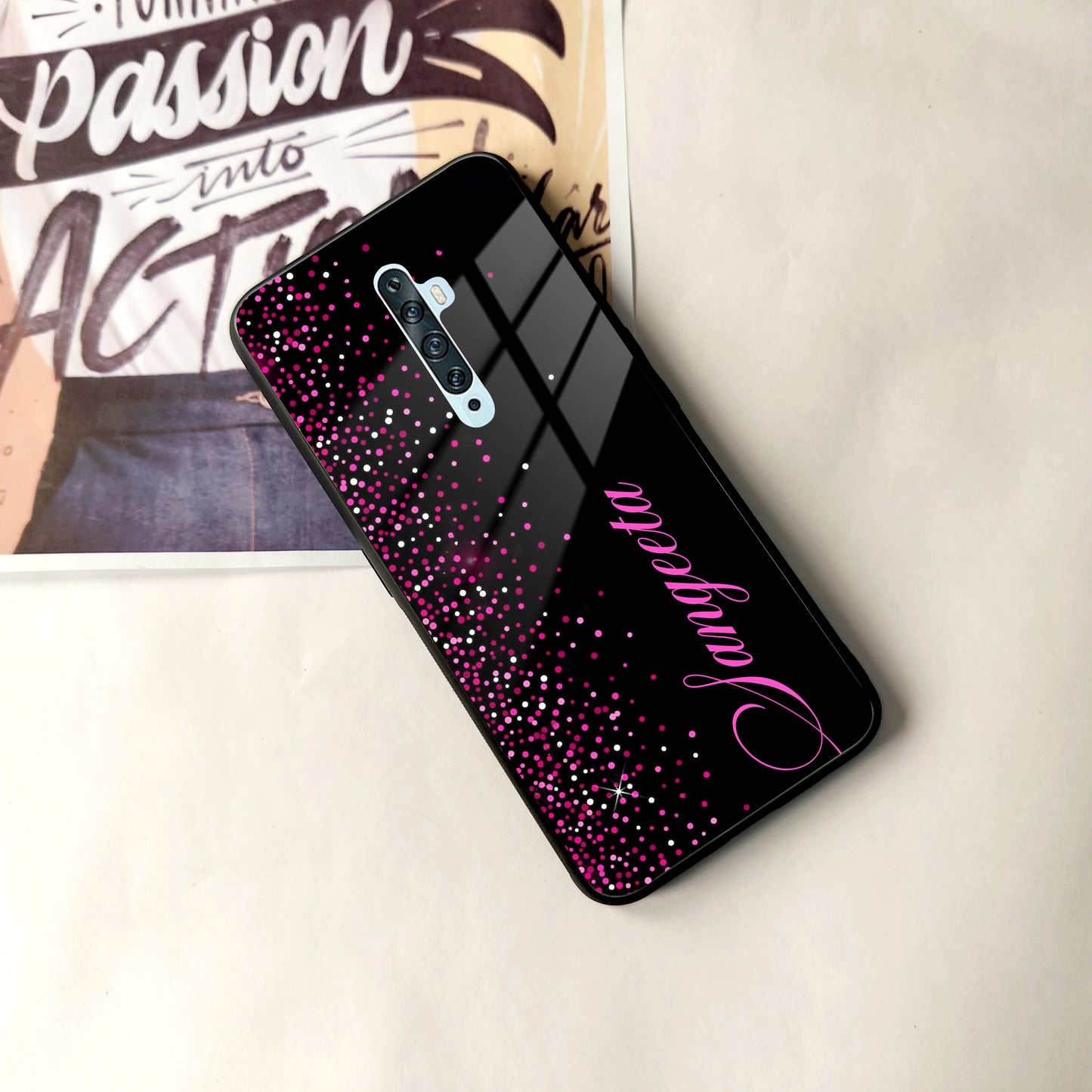 Pink Glitter Customize Glass Case Cover For Oppo
