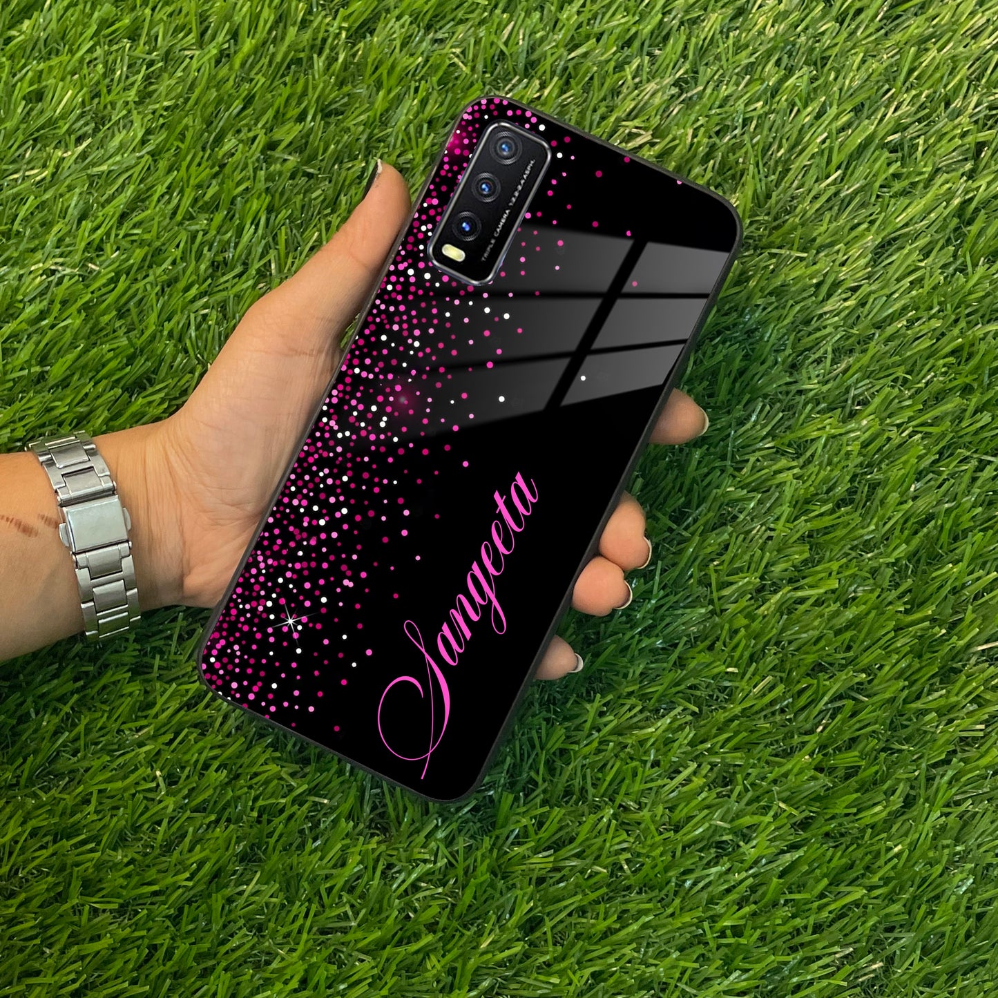 Pink Glitter Customize Glass Case Cover For Vivo