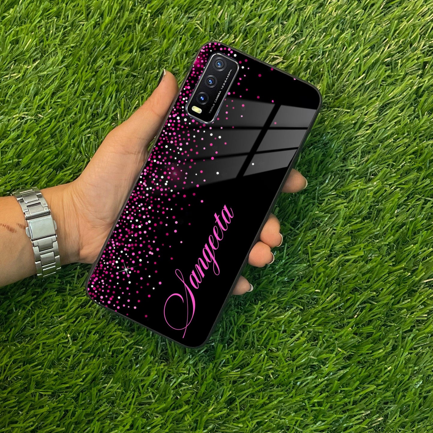 Pink Glitter Customize Glass Case Cover For Vivo