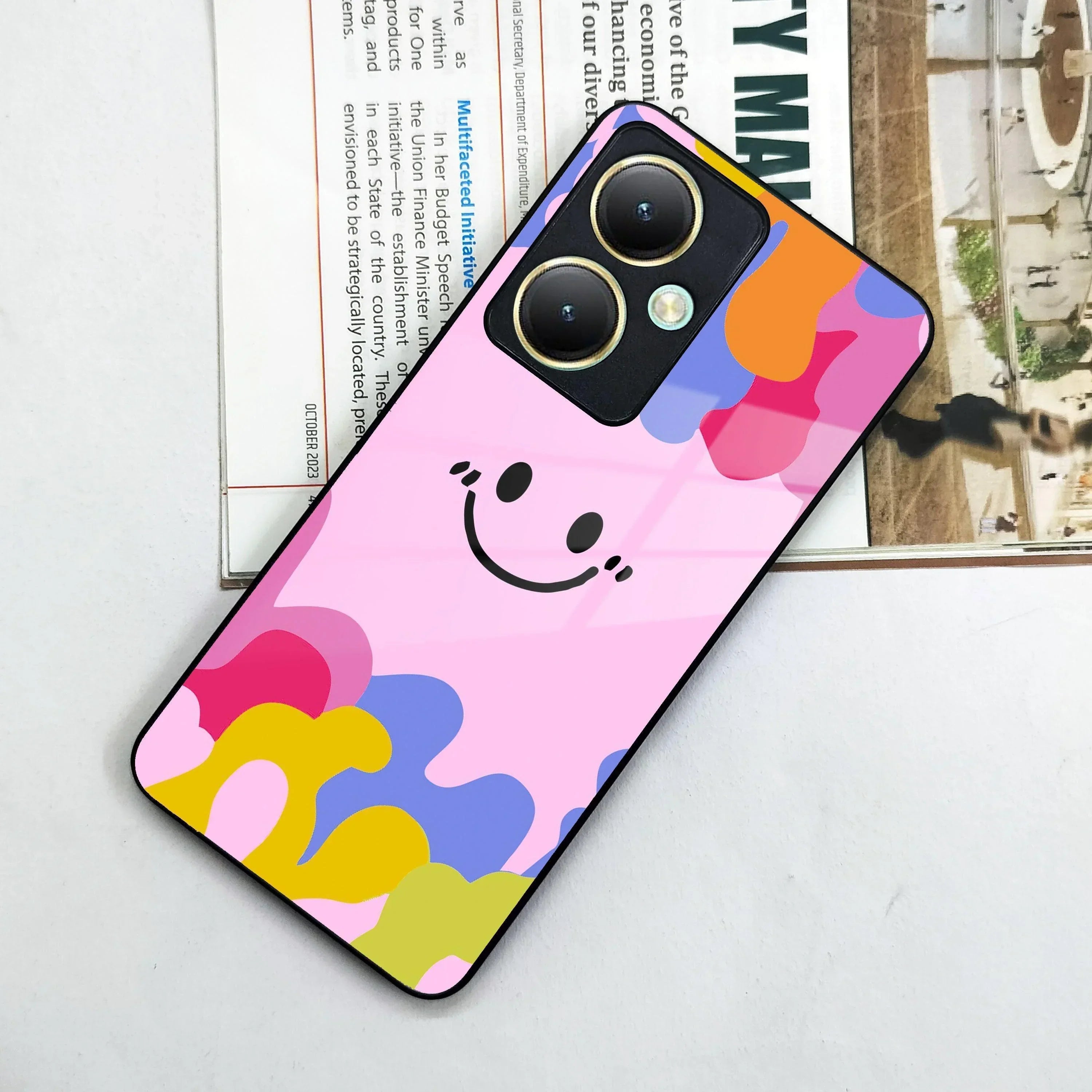 Cute Pink Smiley Multicolor Glass Case For Vivo - ShopOnCliQ