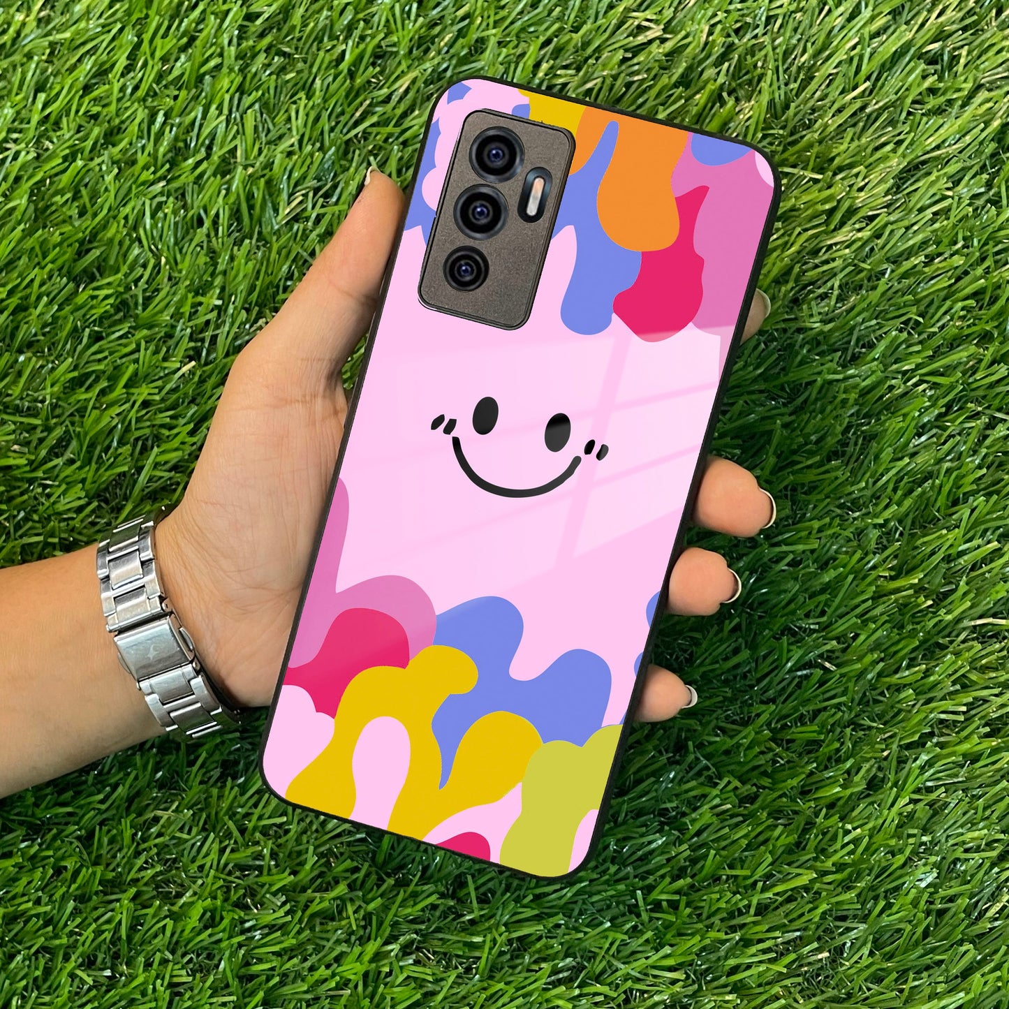 Cute Pink Smiley Multicolor Glass Case For Vivo