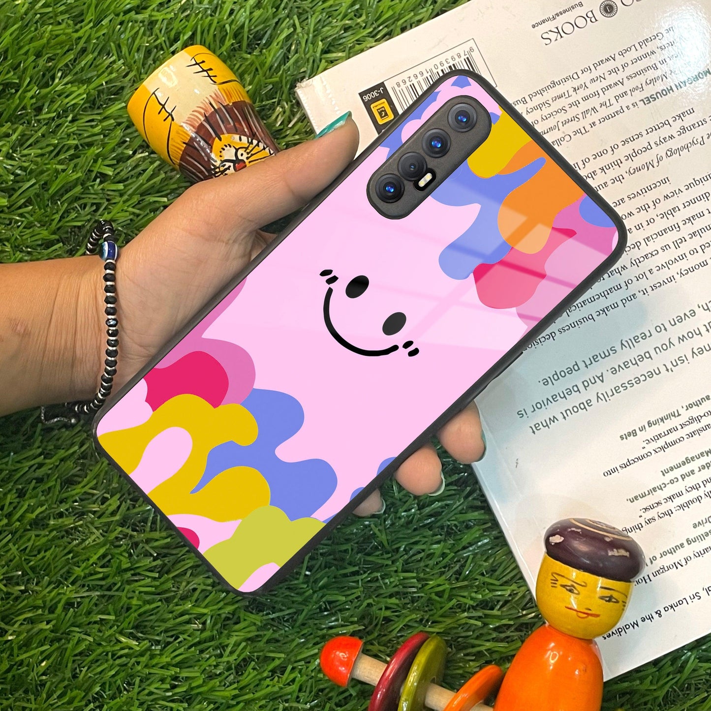 Cute Pink Smiley Multicolor Glass Case For Oppo