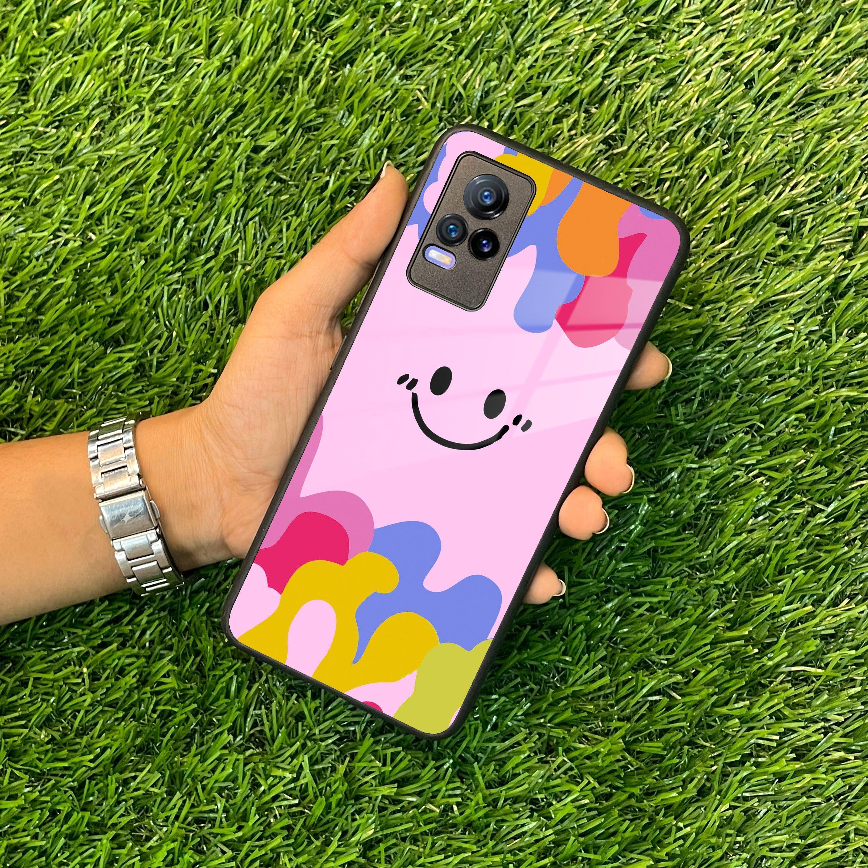 Cute Pink Smiley Multicolor Glass Case For Vivo - ShopOnCliQ