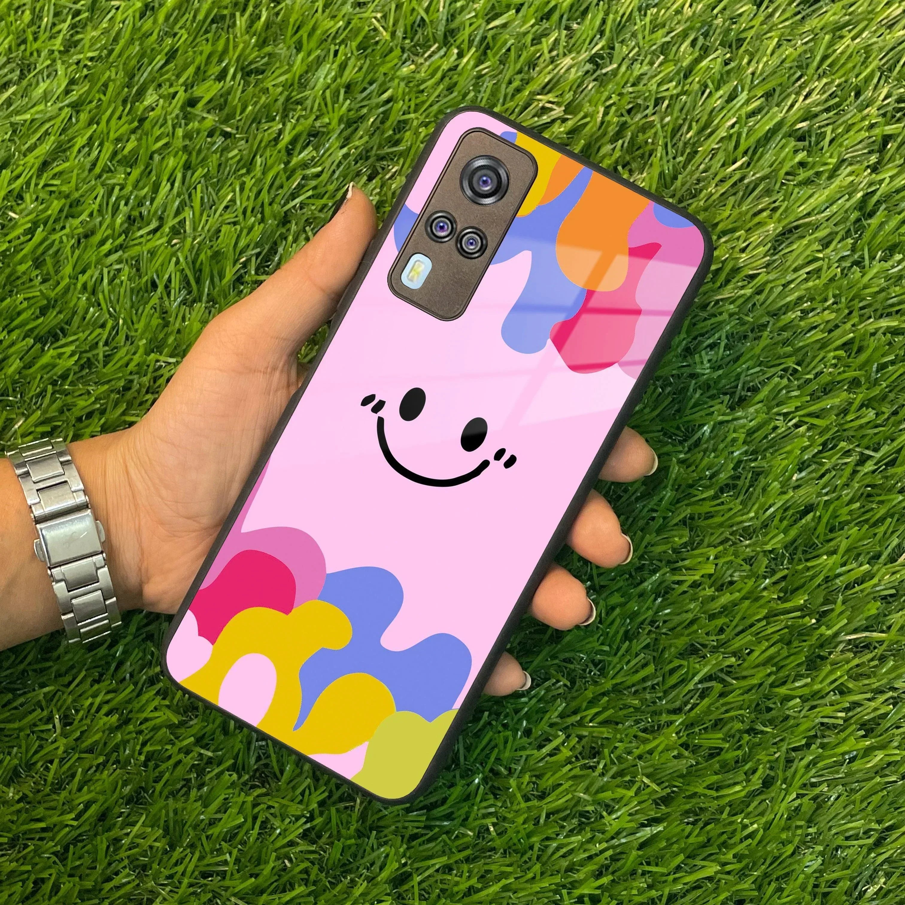 Cute Pink Smiley Multicolor Glass Case For Vivo - ShopOnCliQ