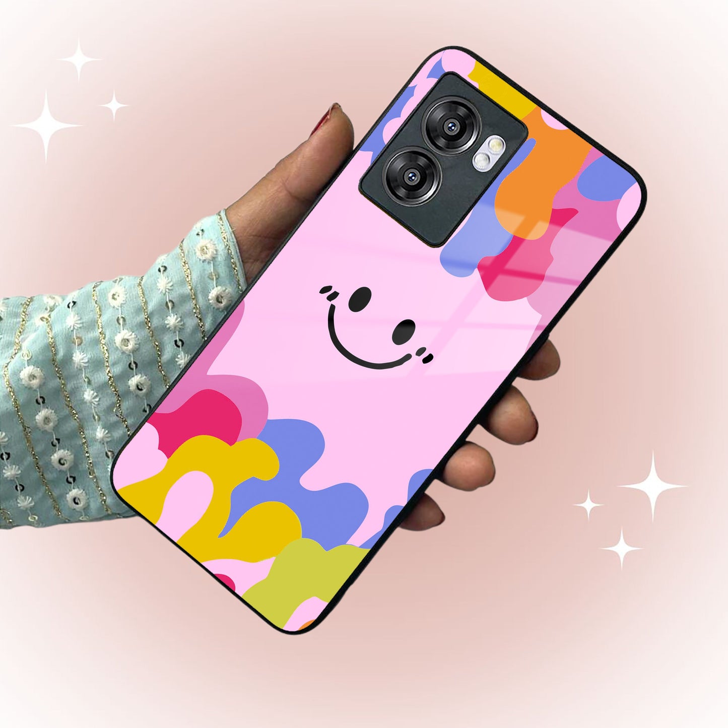 Cute Pink Smiley Multicolor Glass Case For Oppo