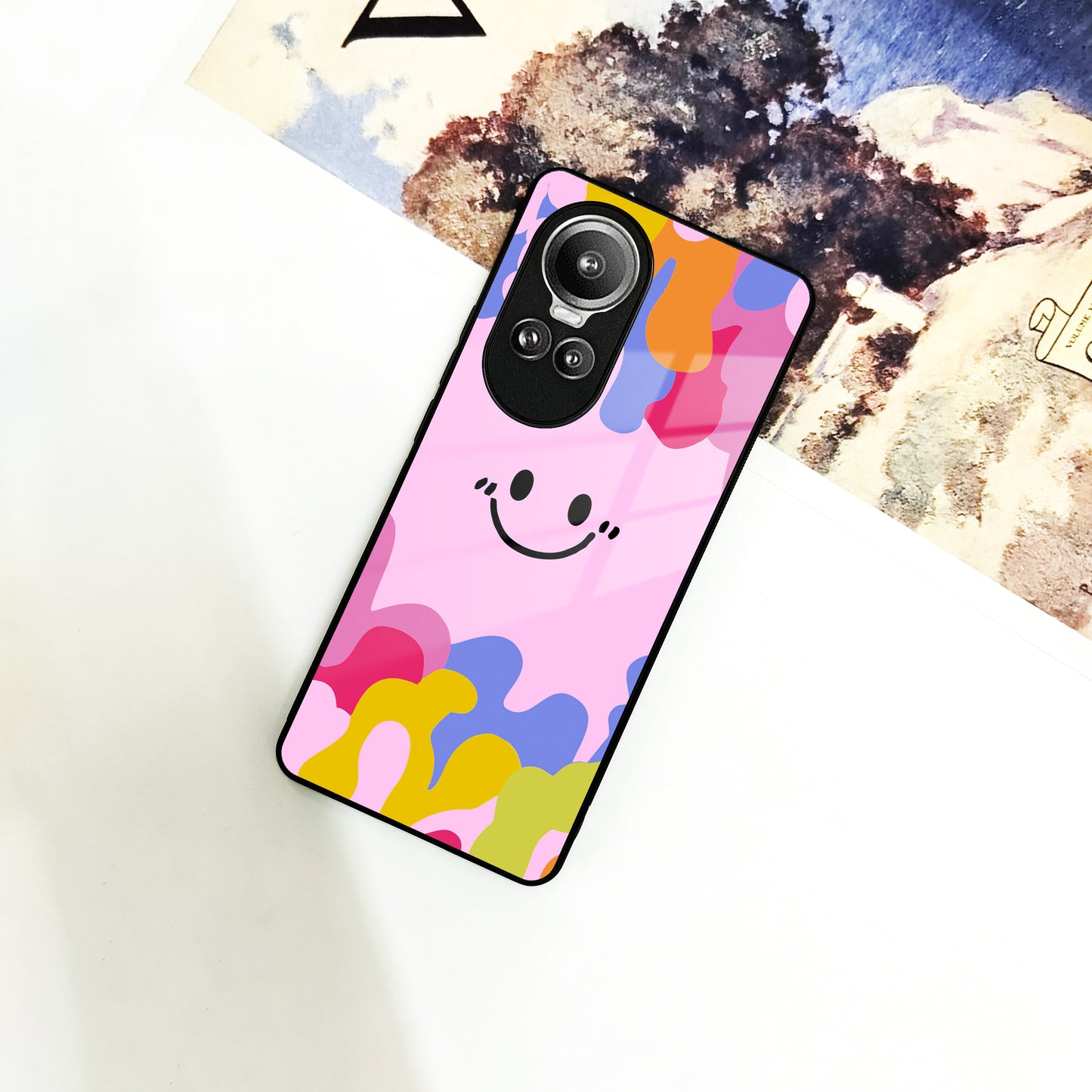 Cute Pink Smiley Multicolor Glass Case For Oppo