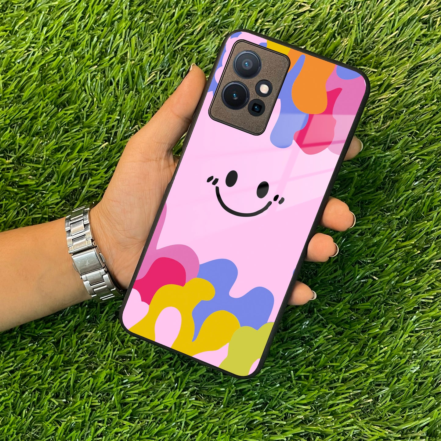 Cute Pink Smiley Multicolor Glass Case For Vivo