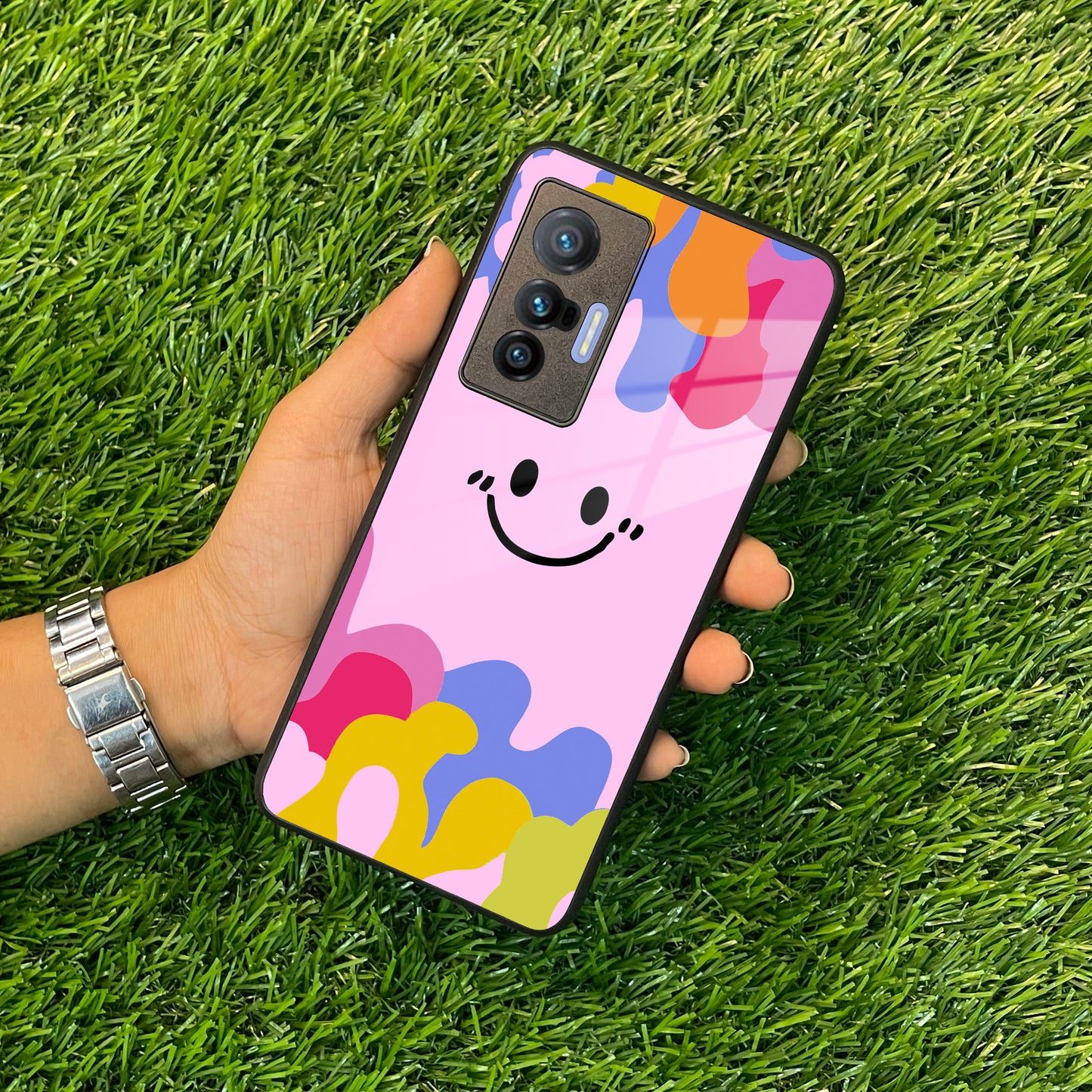 Cute Pink Smiley Multicolor Glass Case For Vivo