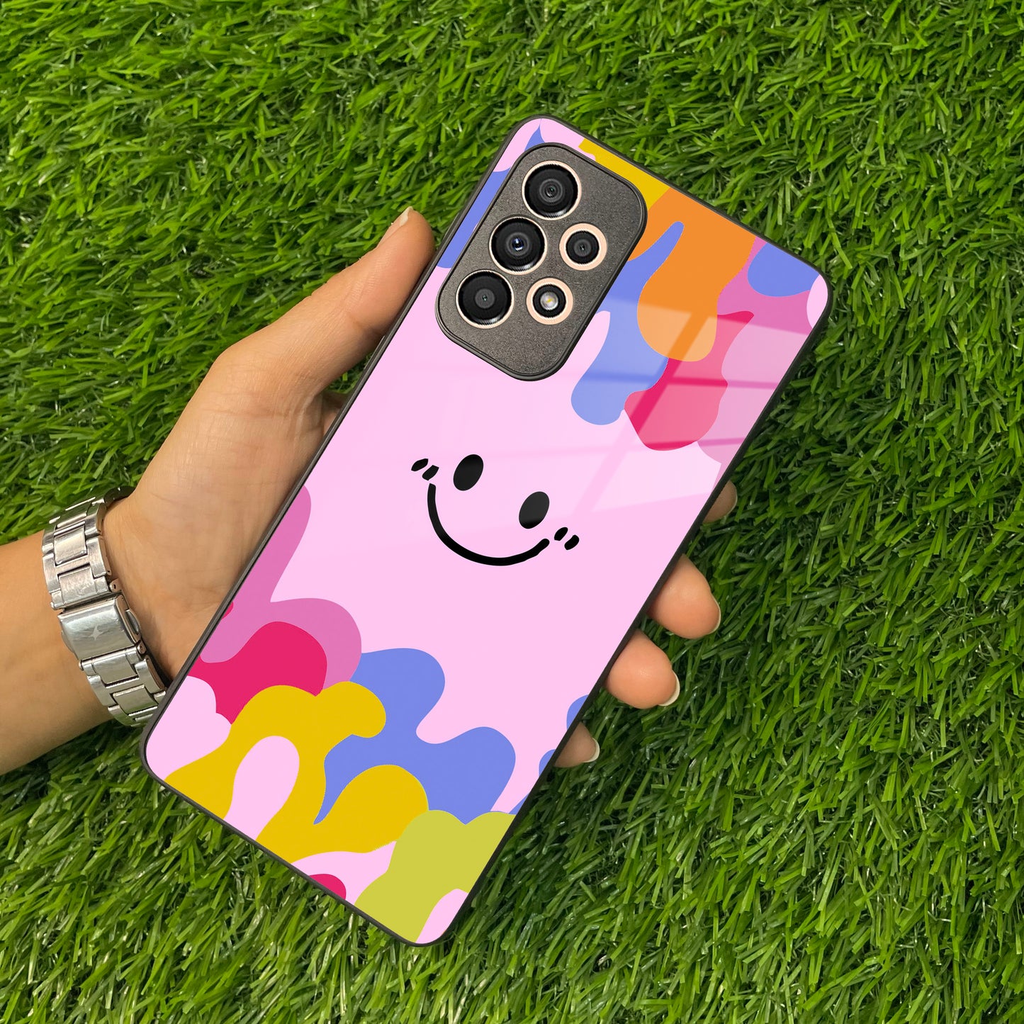 Cute Pink Smiley Multicolor Glass Case For Samsung