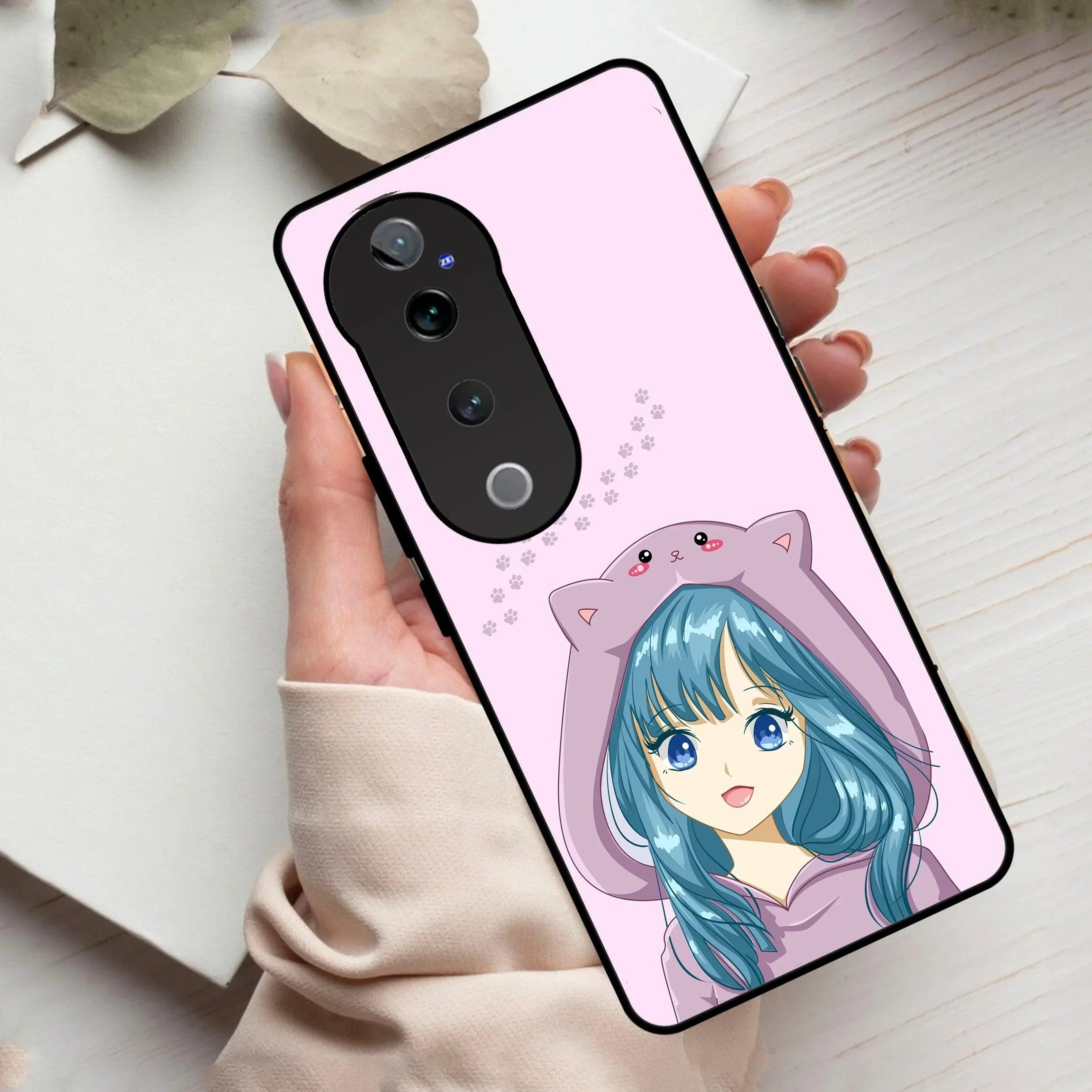 Purple Aesthetic Girl With Cat Phone Glass Case Cover For Vivo - ShopOnCliQ