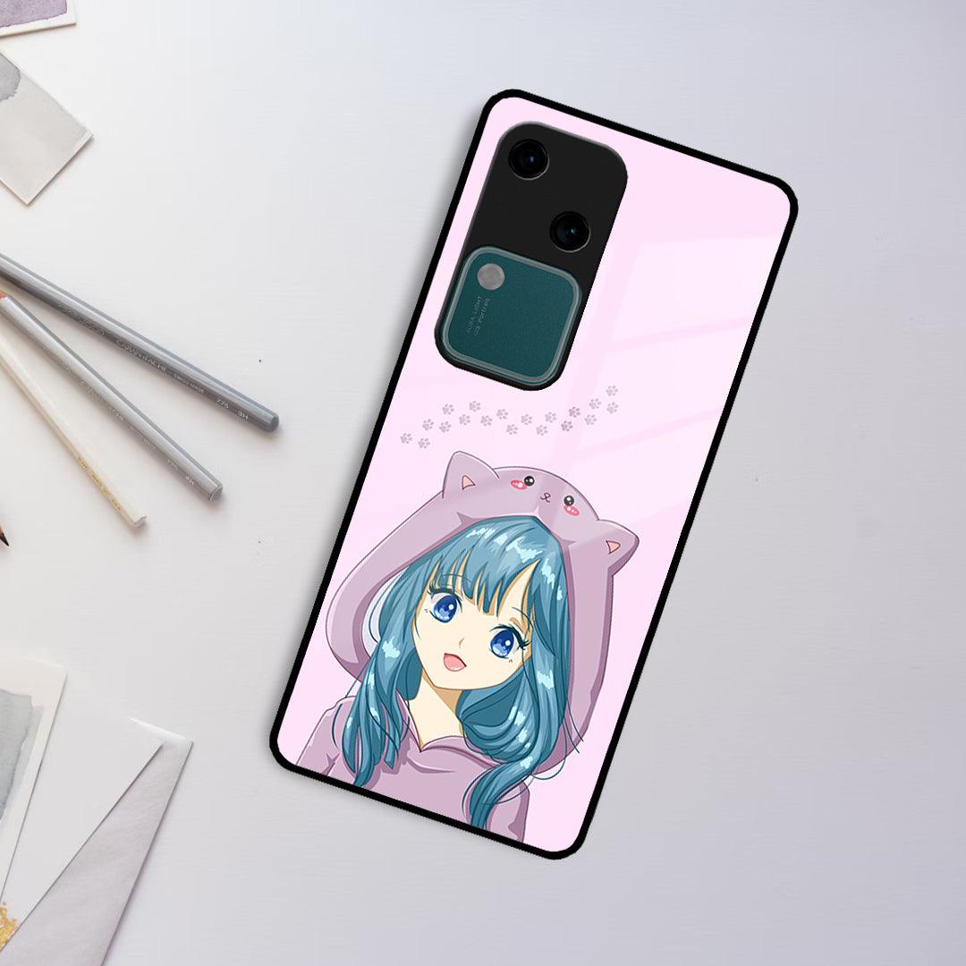 Purple Aesthetic Girl With Cat Phone Glass Case Cover For Vivo ShopOnCliQ