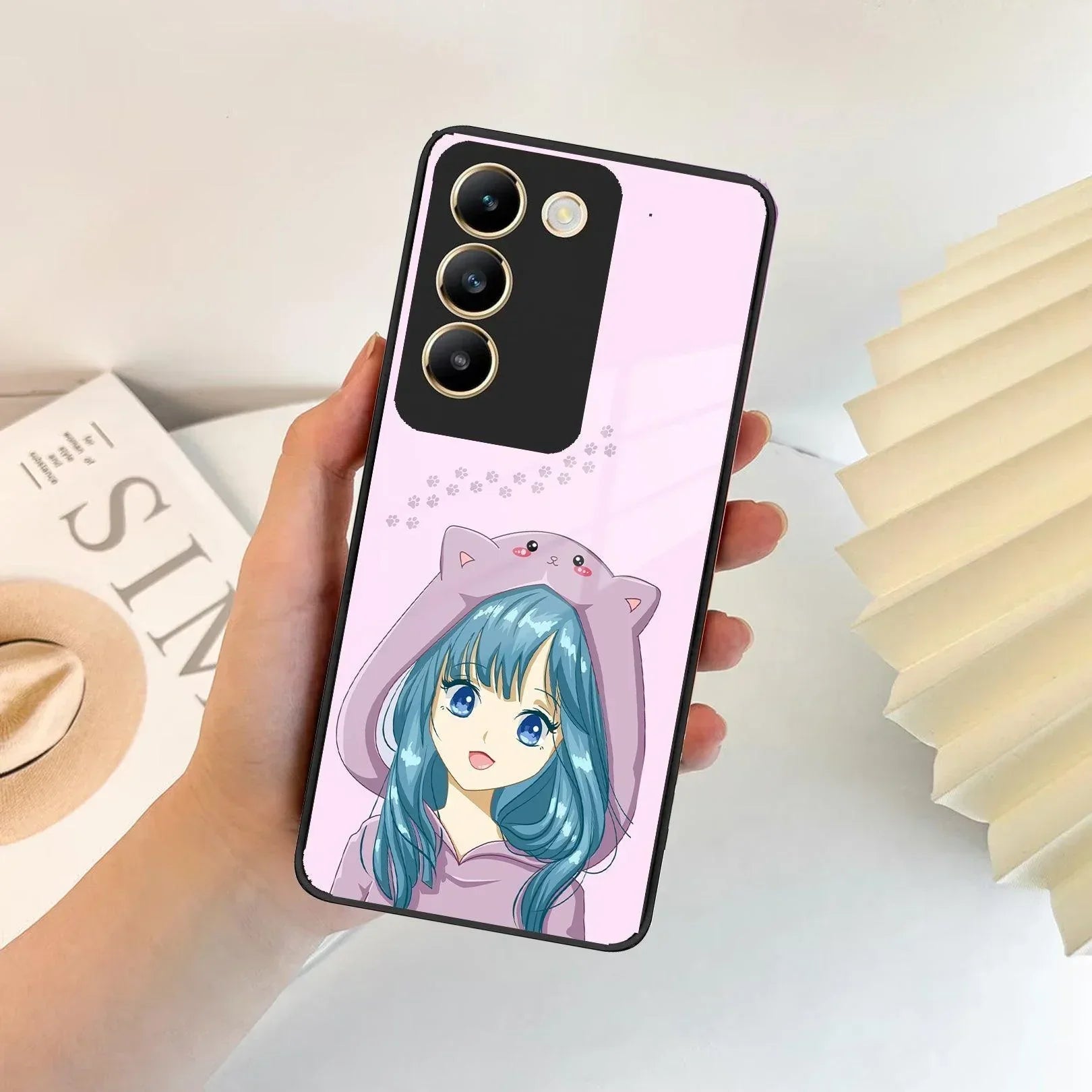Purple Aesthetic Girl With Cat Phone Glass Case Cover For iQOO - ShopOnCliQ