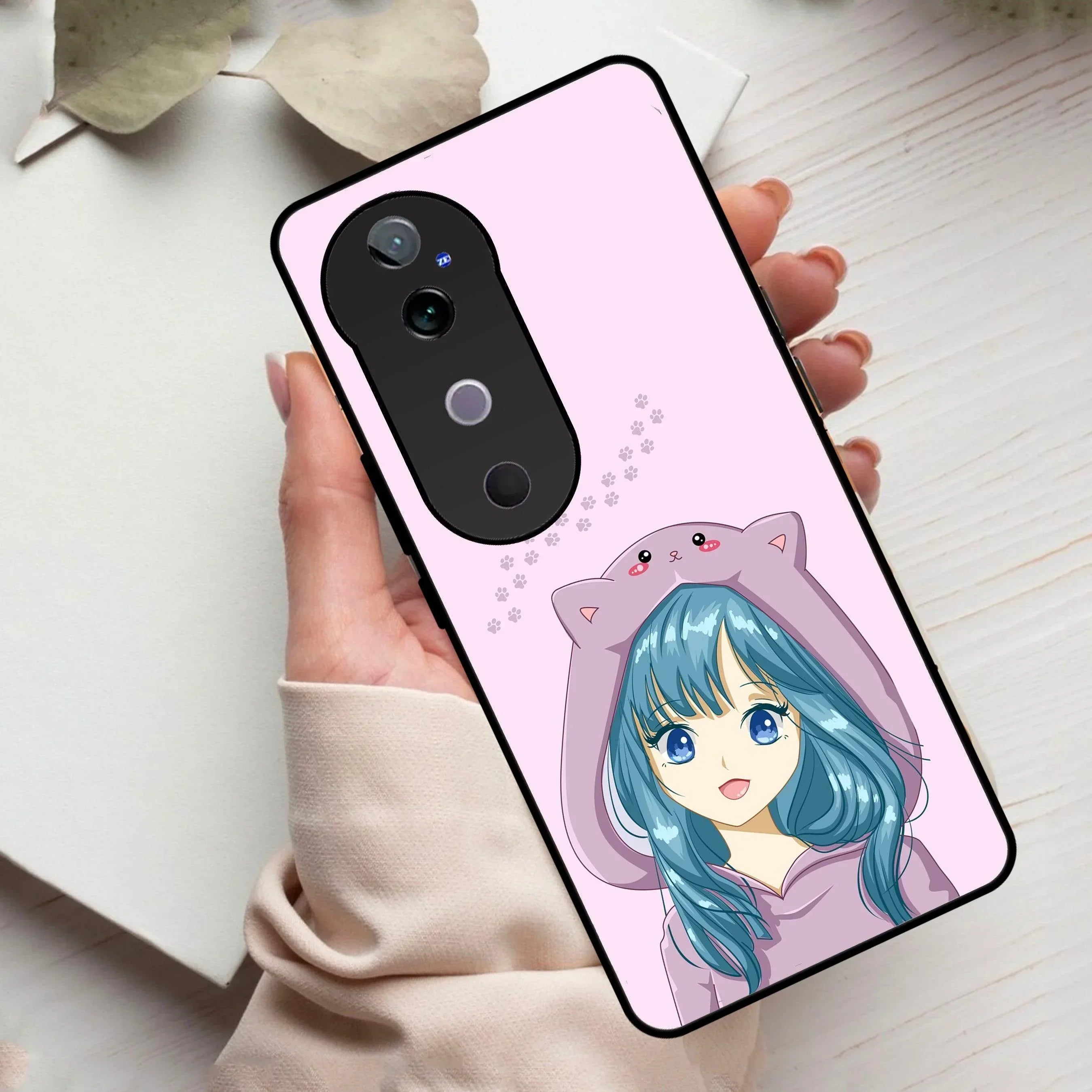 Purple Aesthetic Girl With Cat Phone Glass Case Cover For Vivo - ShopOnCliQ