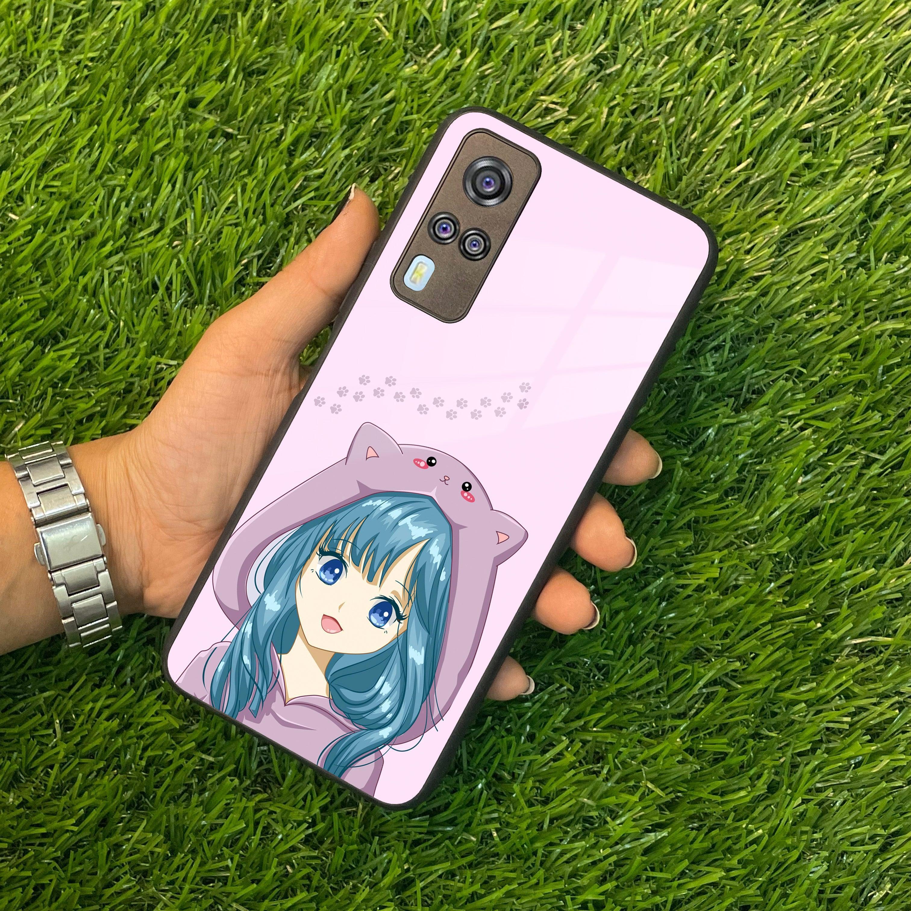 Purple Aesthetic Girl With Cat Phone Glass Case Cover For Vivo - ShopOnCliQ